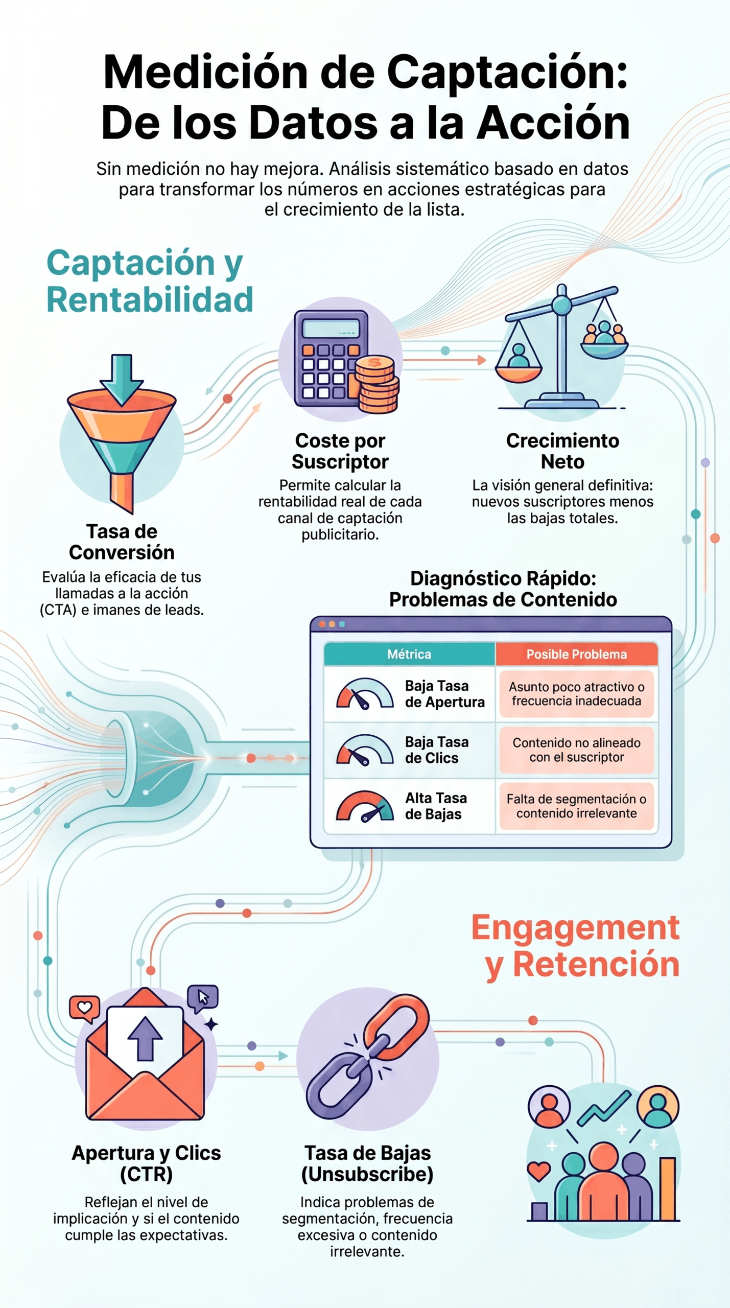 Infografía sobre medición de captación y datos, con métricas de tasa de conversión, coste por suscriptor, crecimiento neto, apertura y clics, bajas y engagement para evaluar la rentabilidad y optimizar la estrategia.