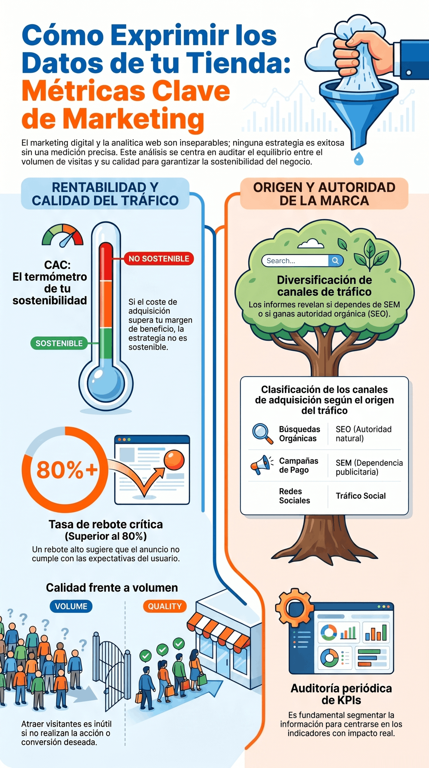 Infografía sobre métricas clave de marketing digital, con CAC, tasa de rebote, calidad del tráfico, origen de la audiencia y auditoría periódica de KPIs para optimizar decisiones.