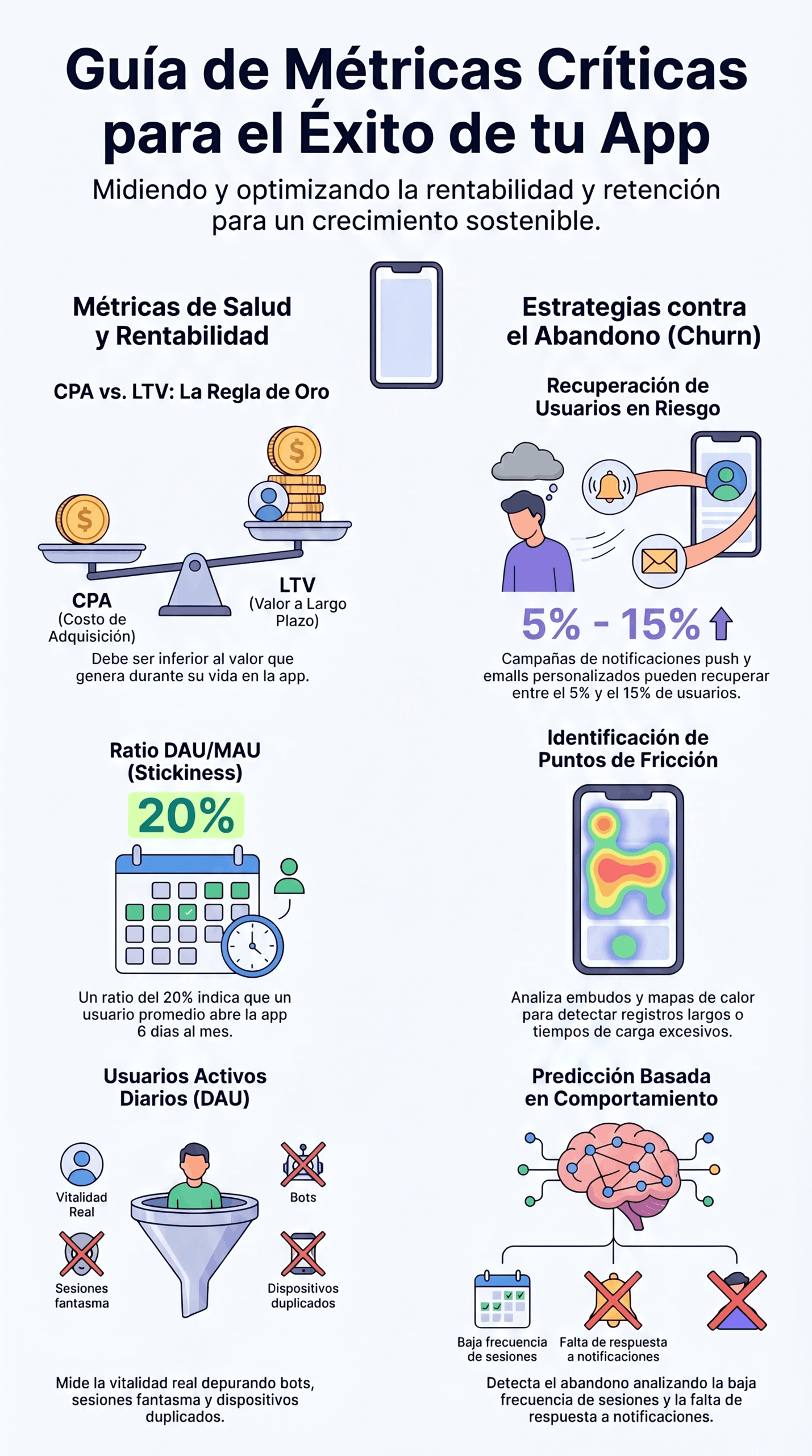 Infografía sobre métricas para éxito de apps con indicadores de rentabilidad, retención, churn, DAU/MAU, puntos de fricción y comportamiento de usuarios para optimizar el crecimiento.
