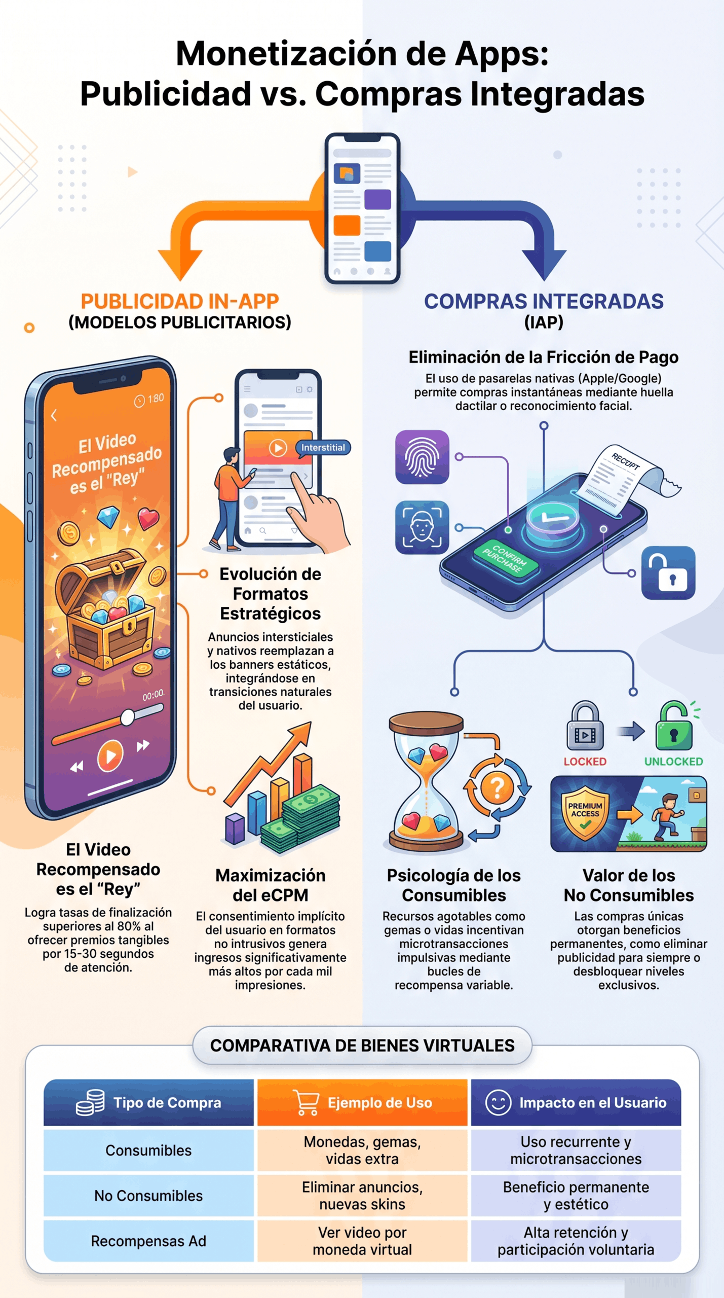 Infografía sobre monetización de aplicaciones móviles, con publicidad in-app, compras integradas, video recompensado y comparativa de bienes virtuales para generar ingresos.