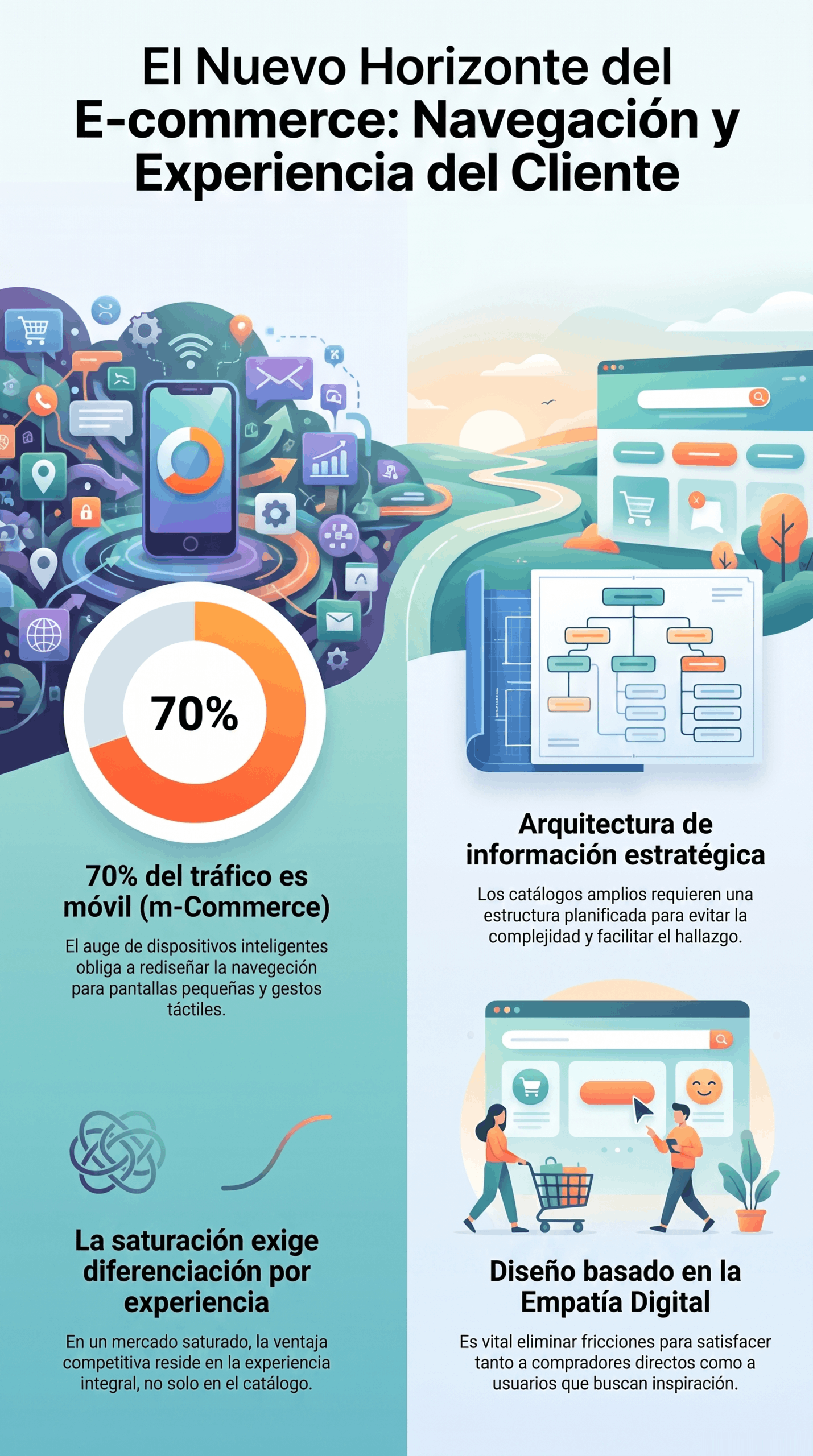 Infografía sobre el Nuevo Horizonte del Comercio Electrónico, con enfoque en navegación móvil, arquitectura de información estratégica y diseño basado en la empatía digital para mejorar la experiencia del cliente.