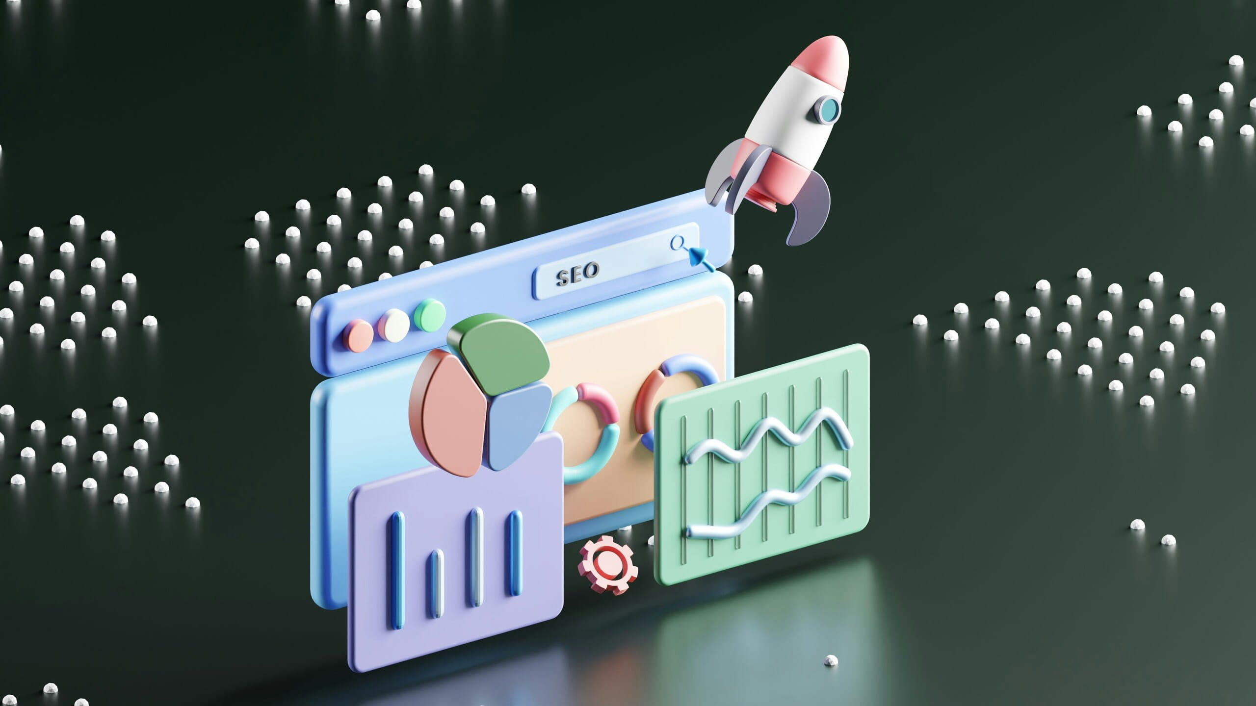 Ilustración de análisis SEO con gráficos y un cohete, representando la optimización de la navegación en el ecommerce para mejorar la experiencia del usuario y el posicionamiento web.