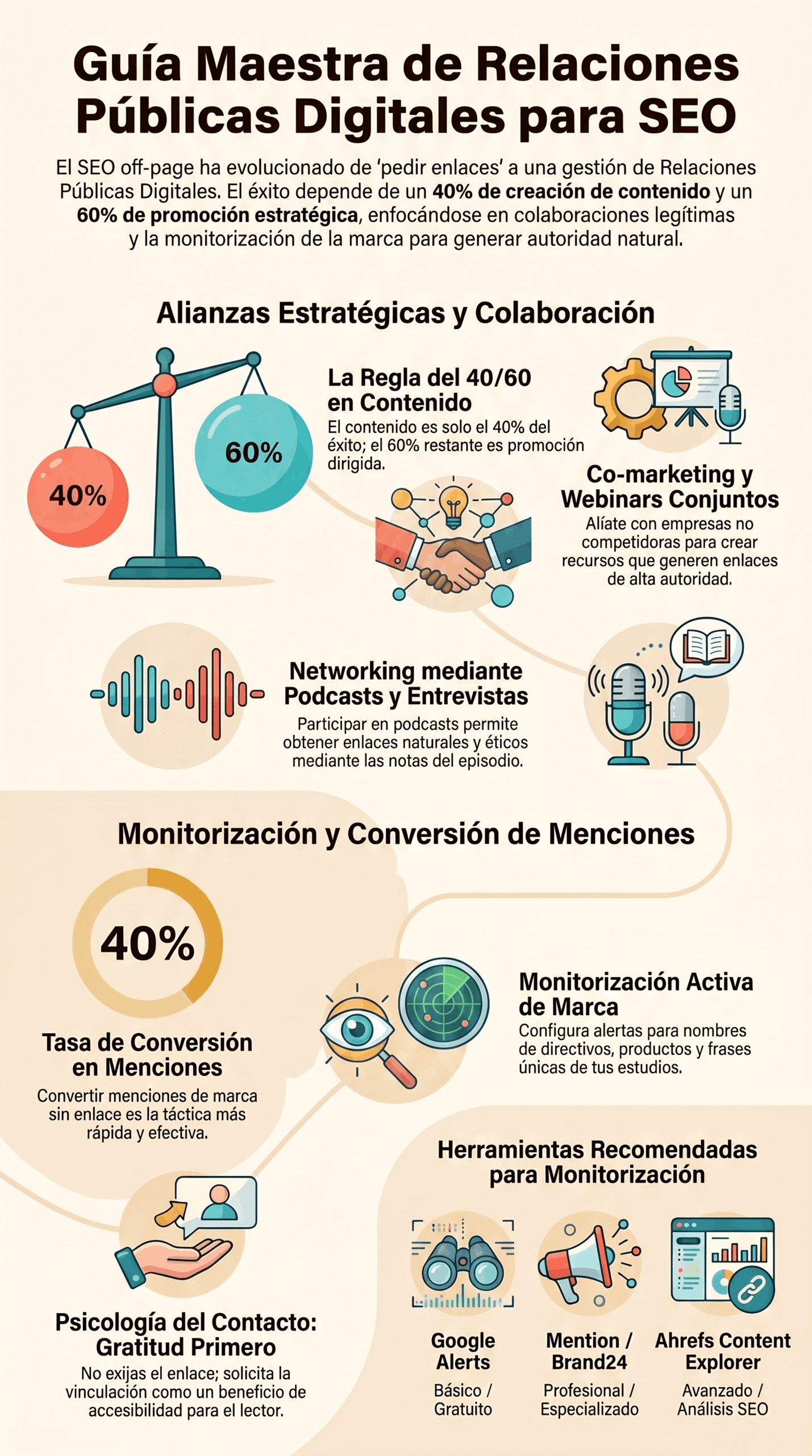 Infografía sobre relaciones públicas digitales para SEO, con estrategias de alianzas, co-marketing, podcasts, monitorización de marca y conversión de menciones para generar autoridad y enlaces de calidad.