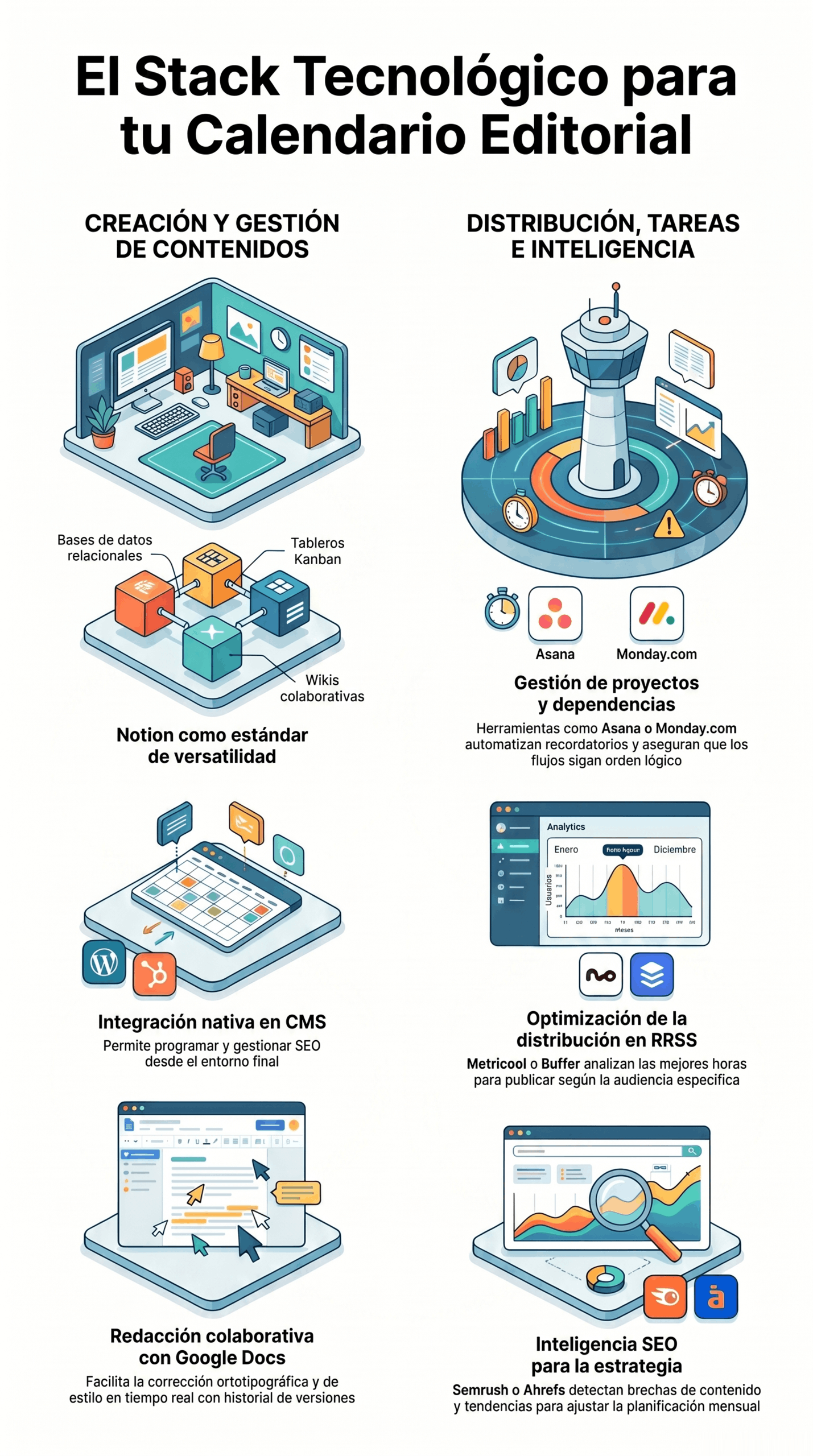 Infografía sobre Stack tecnológico para calendario editorial, con herramientas para creación, gestión, distribución, automatización, análisis SEO y redacción colaborativa de contenidos.