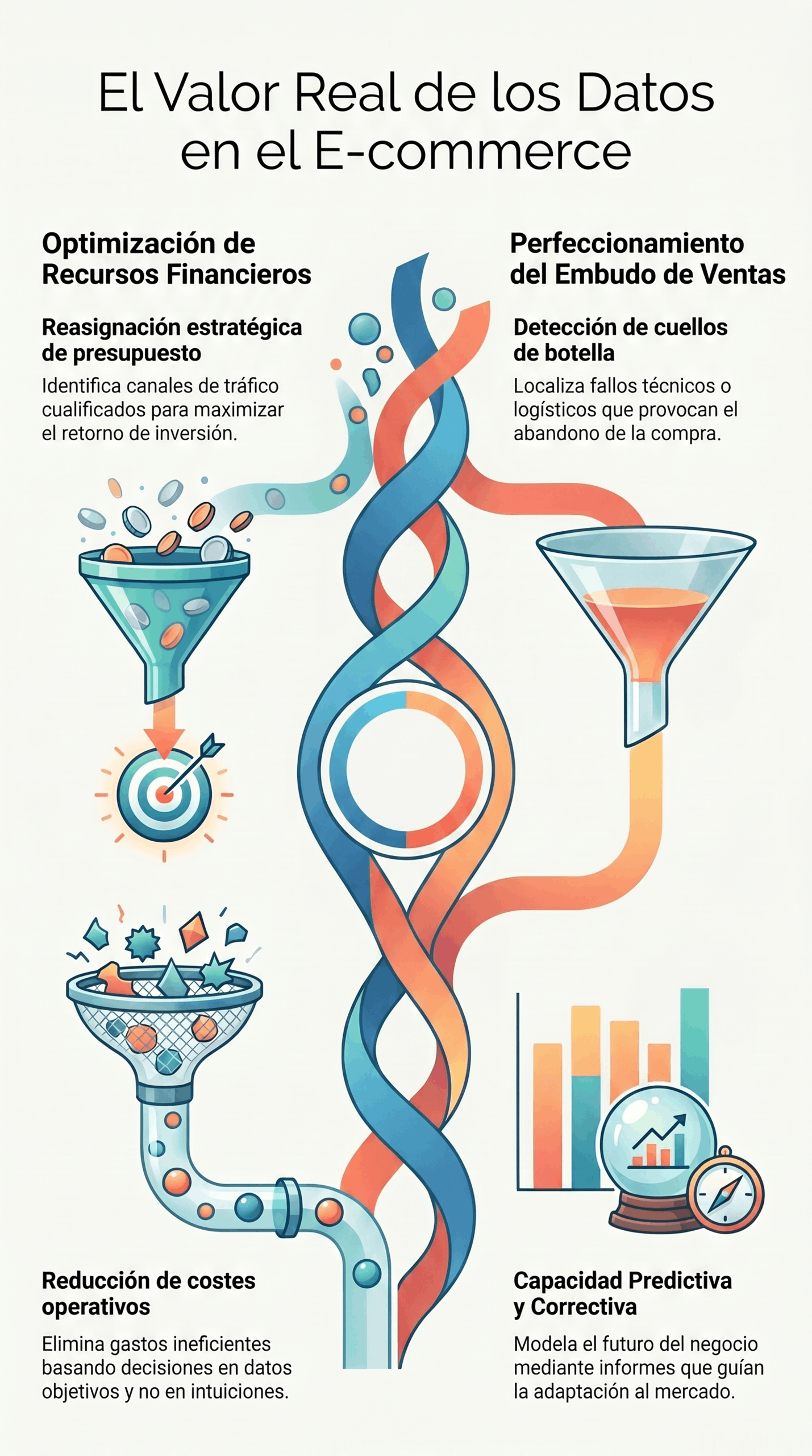 Infografía sobre el valor de datos en e-commerce, con ejemplos de optimización de recursos financieros, perfeccionamiento del embudo de ventas, reducción de costes operativos y capacidad predictiva para mejorar decisiones comerciales.