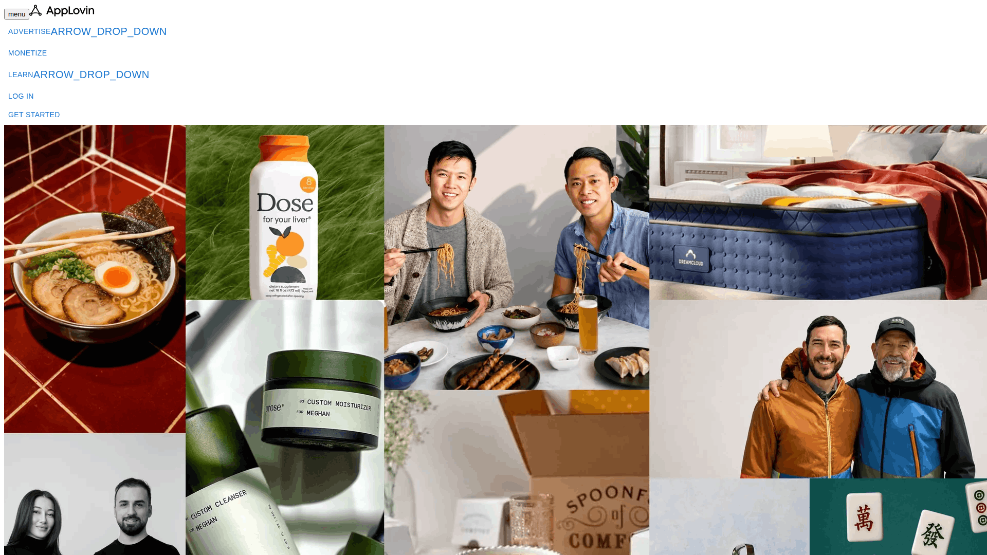 Collage publicitario de AppLovin para móviles en el que aparecen ramen, productos para el cuidado de la piel, colchones y parejas disfrutando de una comida.