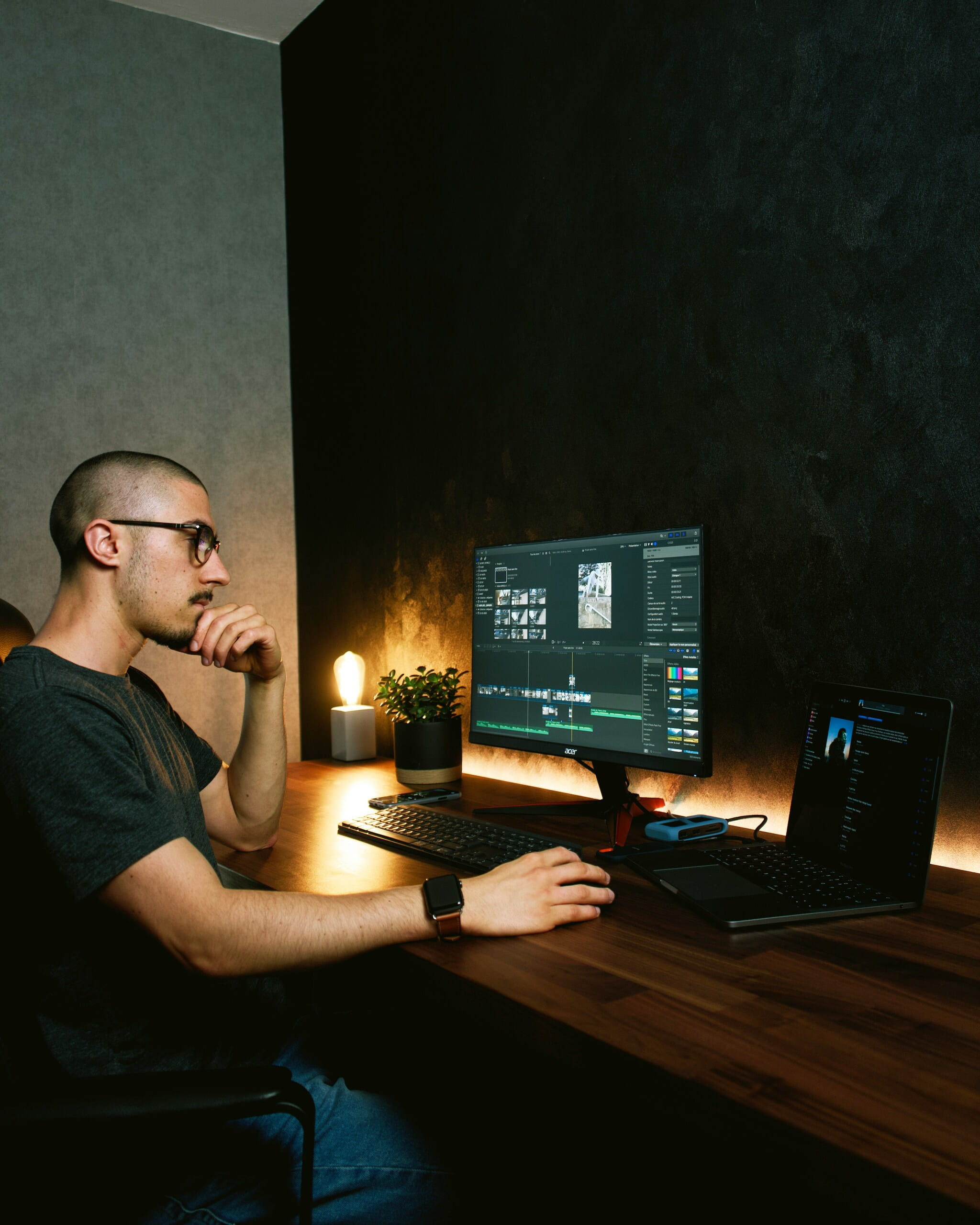 Hombre con gafas apoyando la barbilla en su mano frente a monitor de edición y portátil sobre escritorio oscuro con luz cálida.