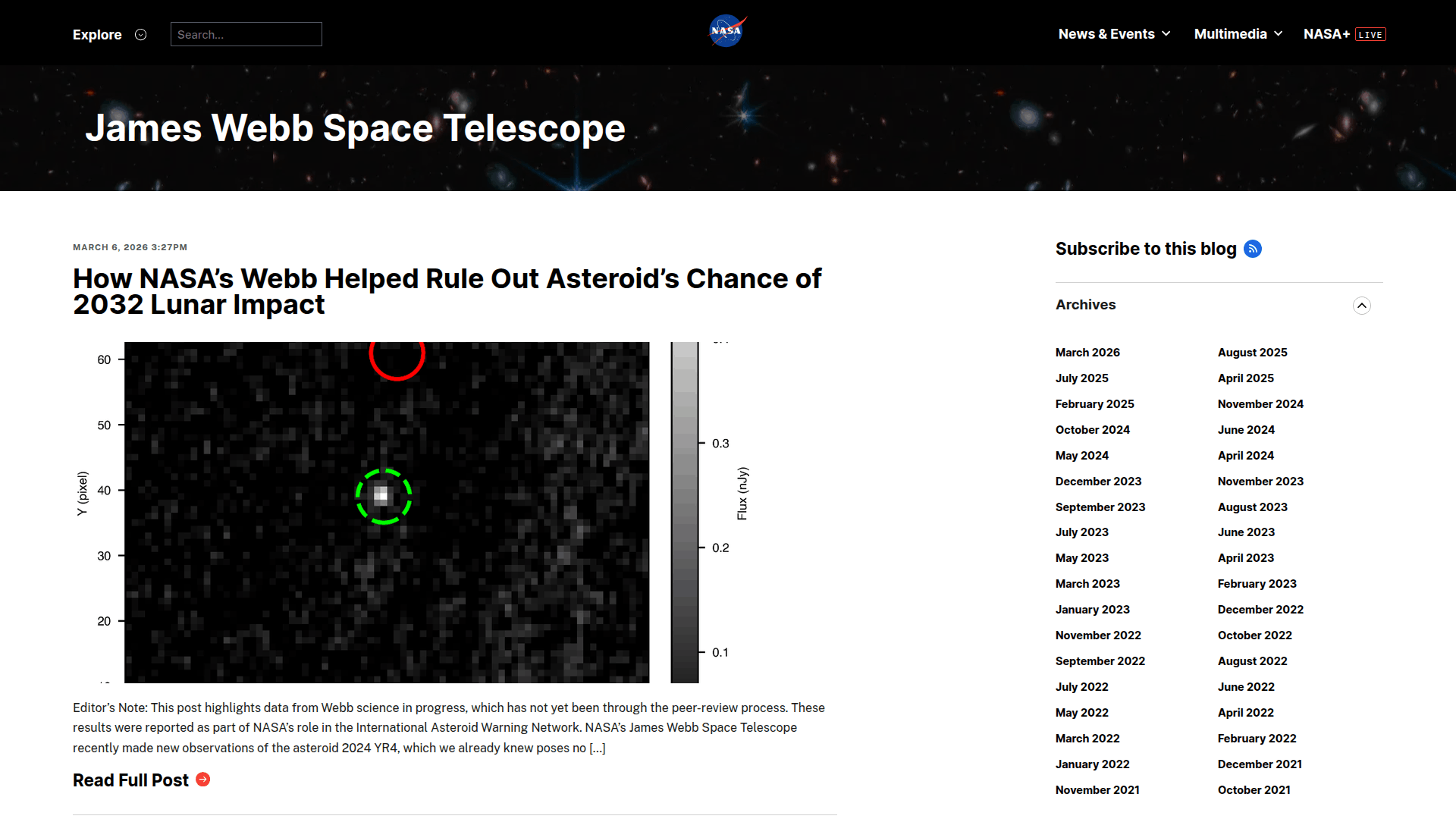 Ejemplos de publicidad nativa muestran la web de NASA Webb con un artículo sobre el asteroide 2024 YR4 y una imagen astronómica.