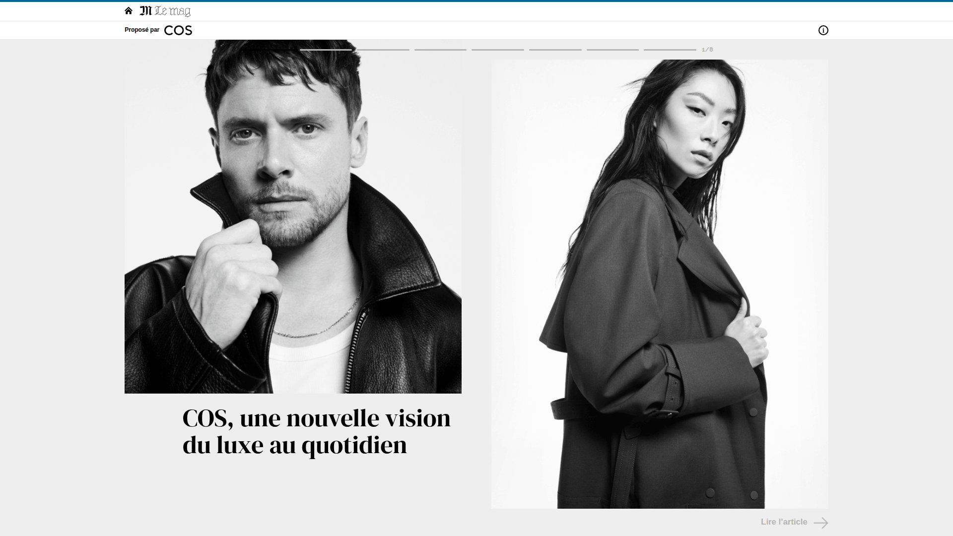Ejemplos de publicidad nativa muestran dos modelos en blanco y negro con prendas COS de estilo elegante y minimalista.