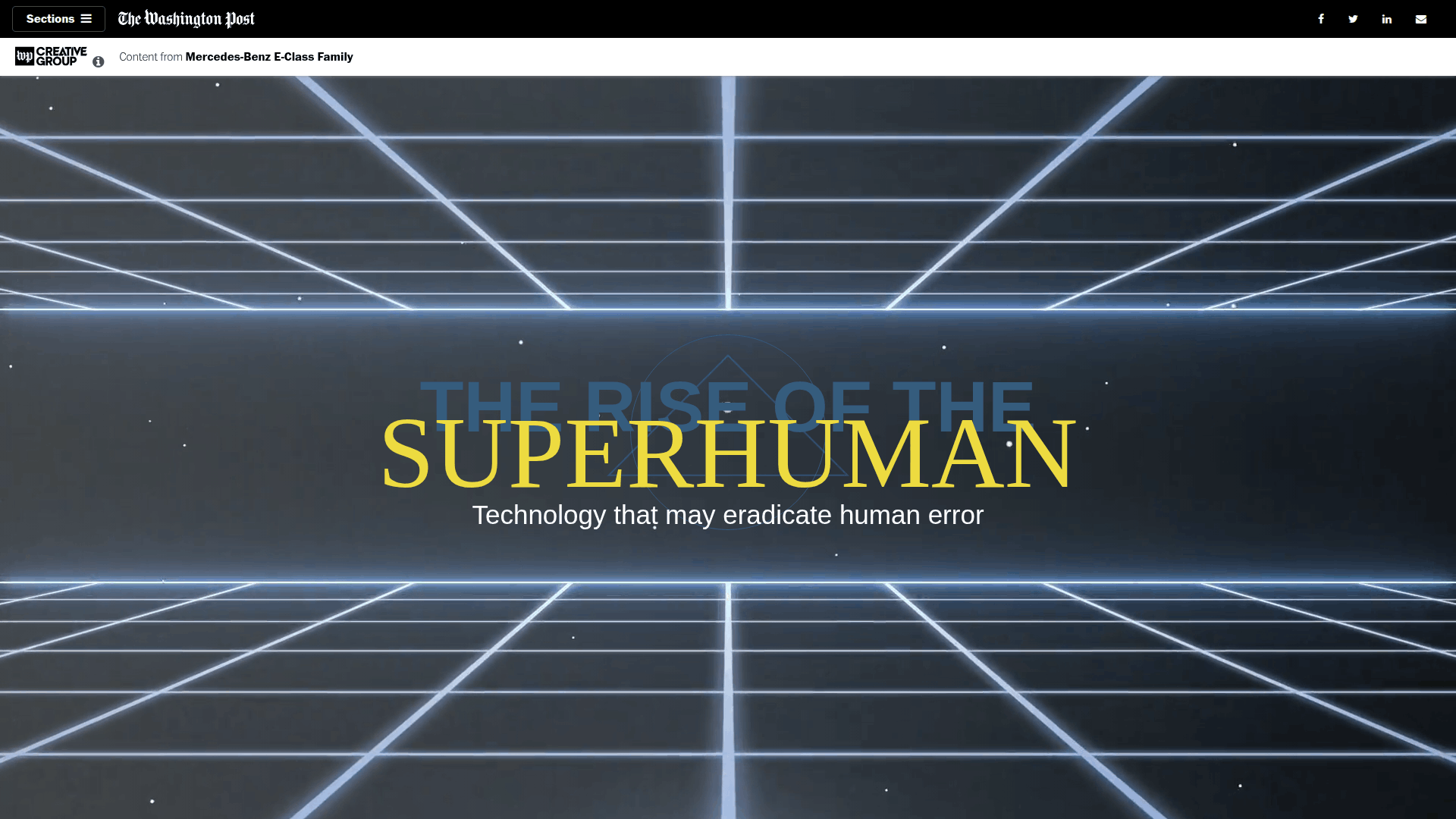 Ejemplos de publicidad nativa muestran un fondo futurista con el lema “The Rise of the Superhuman” y diseño tecnológico.