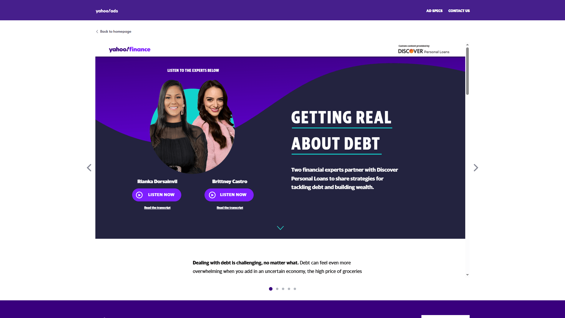 Ejemplos de publicidad nativa muestran una pieza de Yahoo Finance con dos expertas y el mensaje “Getting Real About Debt”.