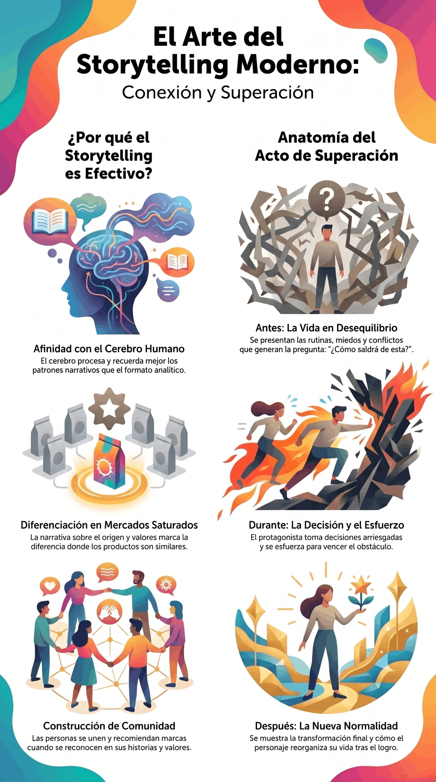 Infografía sobre "El arte del storytelling moderno" que explica por qué el storytelling es efectivo, la anatomía del acto de superación, la diferenciación en mercados saturados, la construcción de comunidad y la transformación final del protagonista.