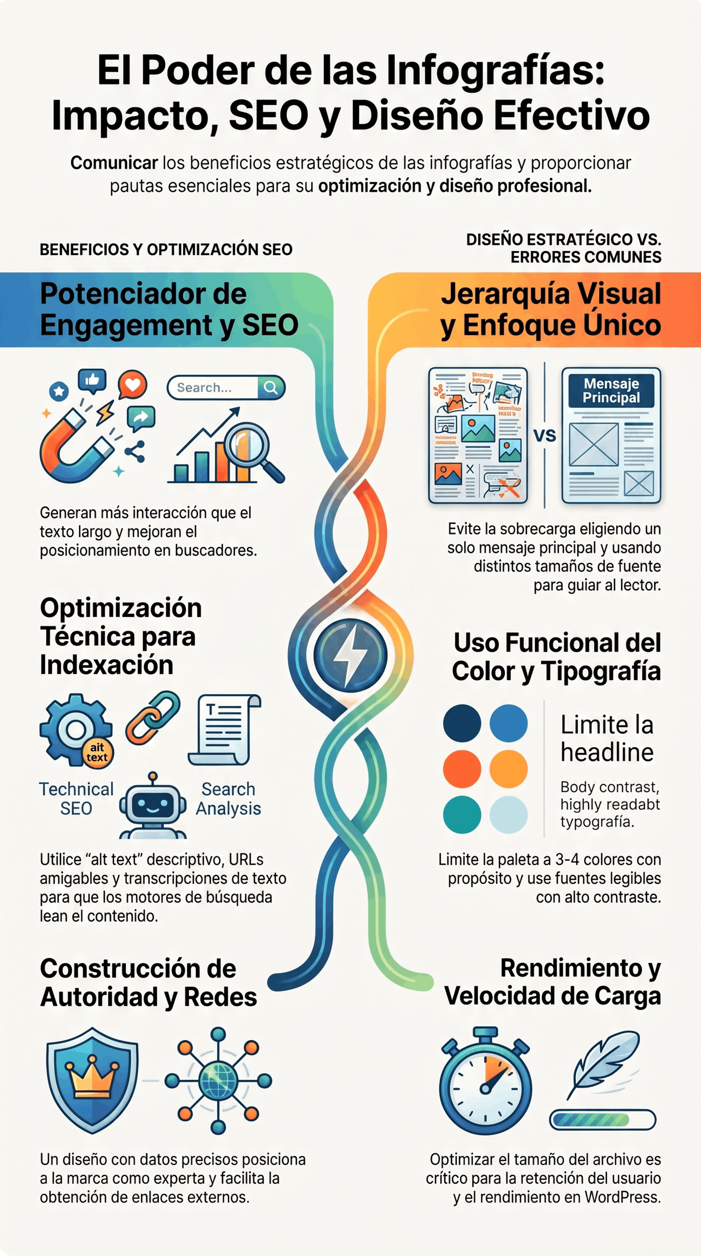 El poder de las infografías para mejorar SEO, jerarquía visual, color y velocidad de carga en diseños claros y efectivos.