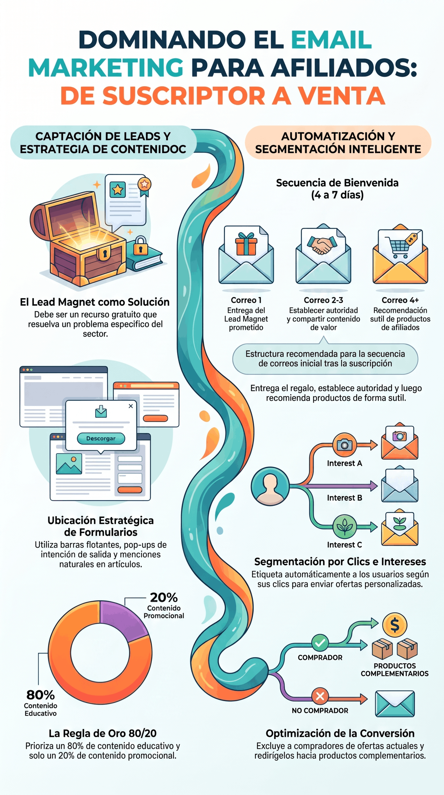 Infografía de Estrategia de Email Marketing Afiliados con captación, automatización y segmentación para convertir suscriptores.