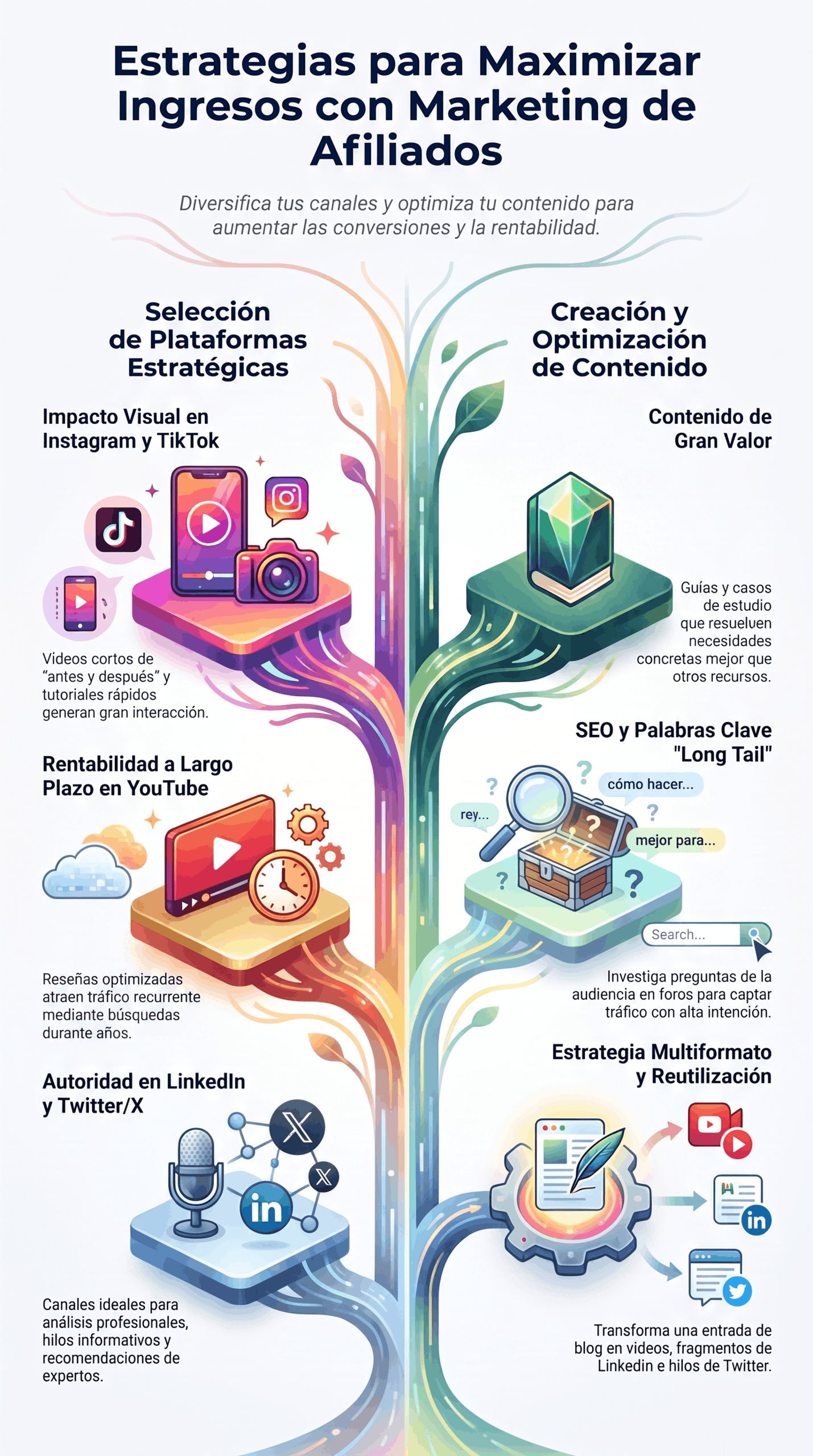 Infografía con Estrategias de Marketing de Afiliados para captar tráfico, optimizar contenido y reutilizar formatos.