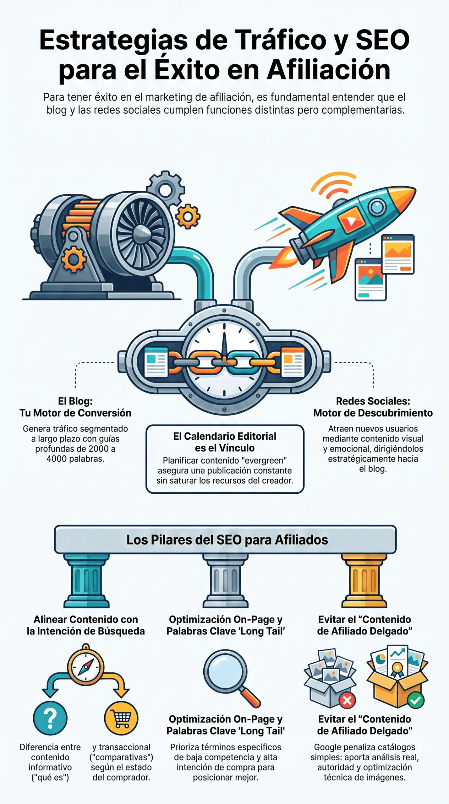 Infografía de Estrategias de SEO para Afiliación con blog, redes sociales y pilares clave para atraer tráfico y convertir.
