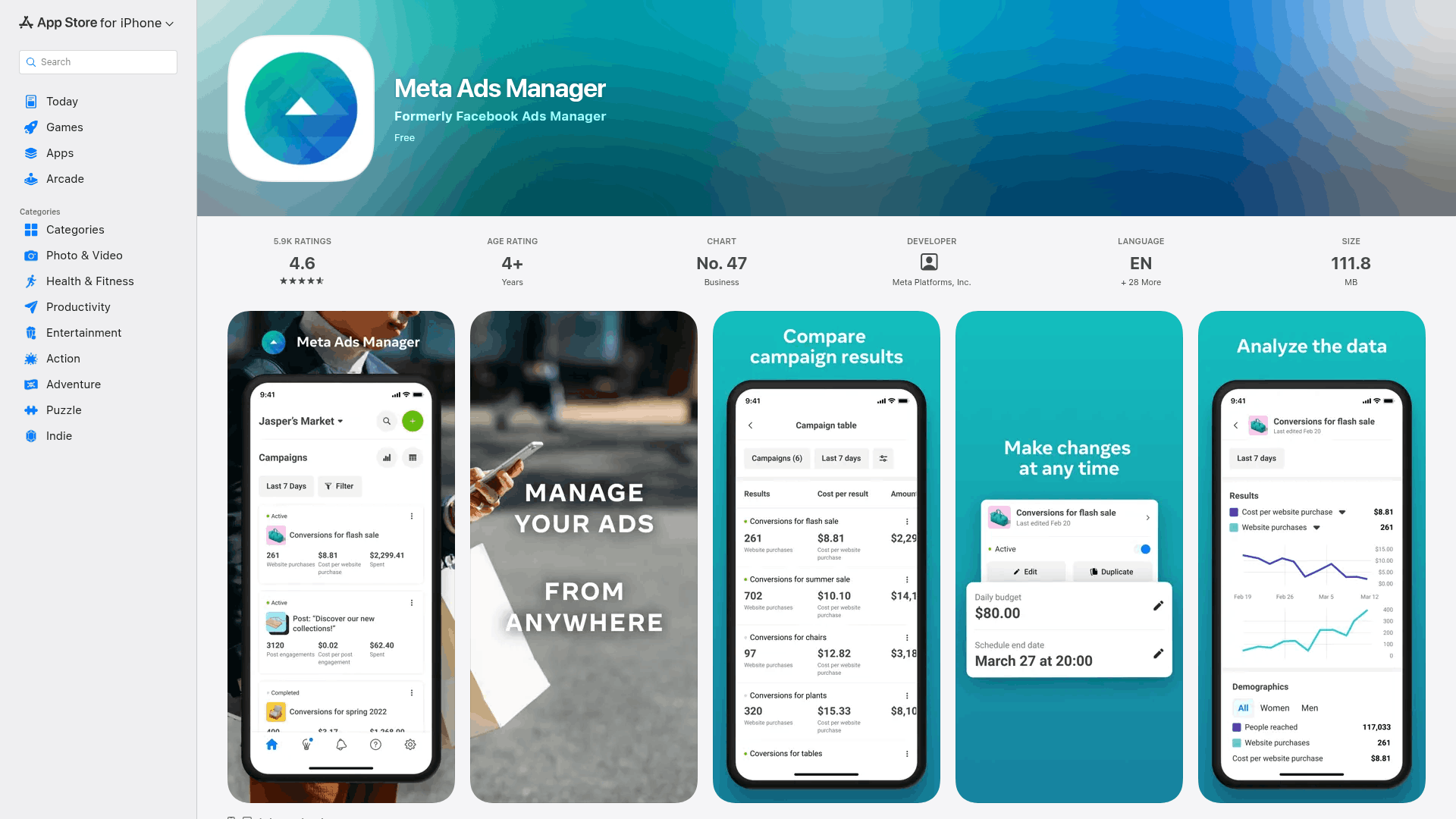 Meta Ads Manager App Store page displaying campaign management, budget editing tools, and analytics graphs across five mobile screenshots.