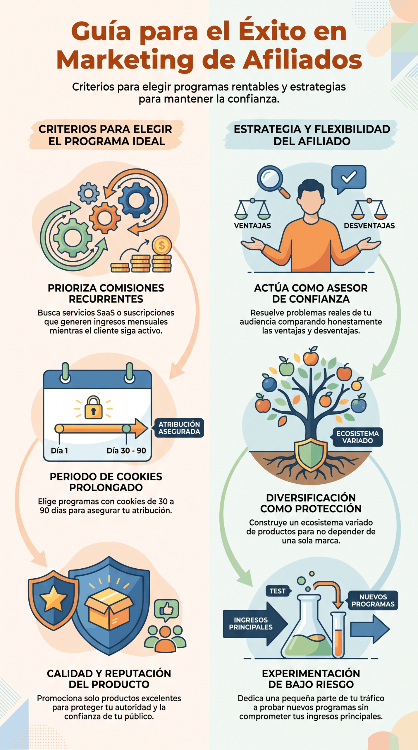 Infografía de la Guía Éxito Marketing de Afiliados con criterios de elección, cookies prolongadas y diversificación.