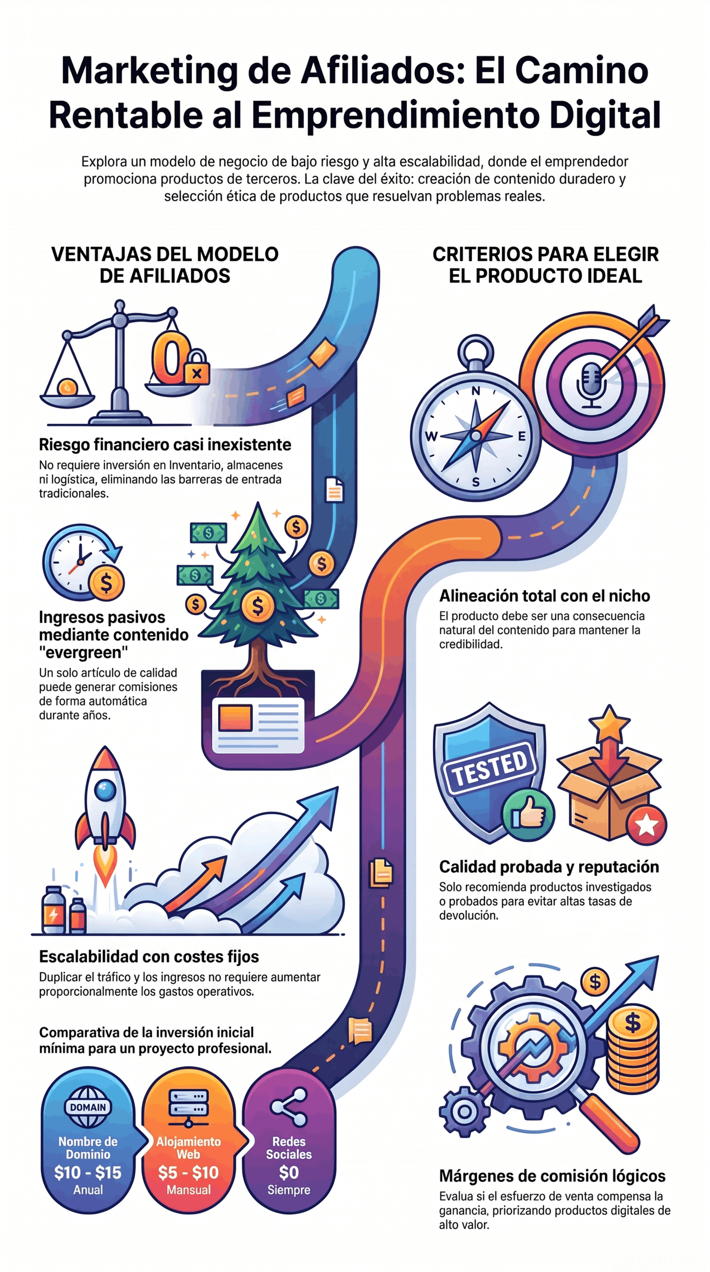 Infografía con pasos, ventajas y criterios prácticos para una Guía de Marketing de Afiliados que mejora ingresos y escalabilidad.