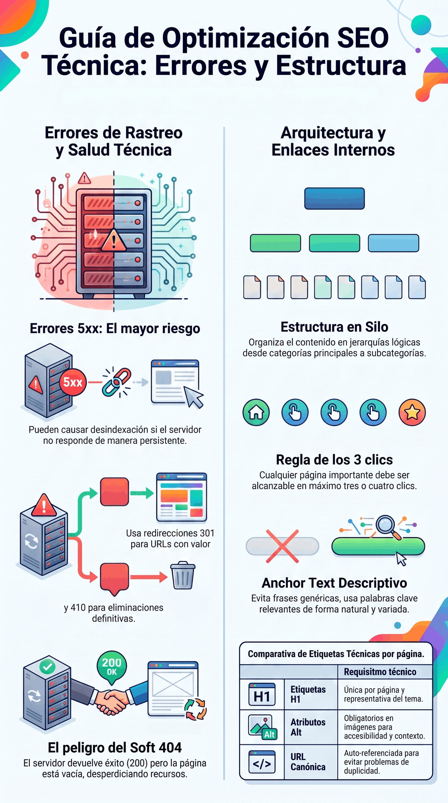 Infografía de la Guía de Optimización SEO Técnica sobre rastreo, enlaces internos, errores 5xx y arquitectura web.