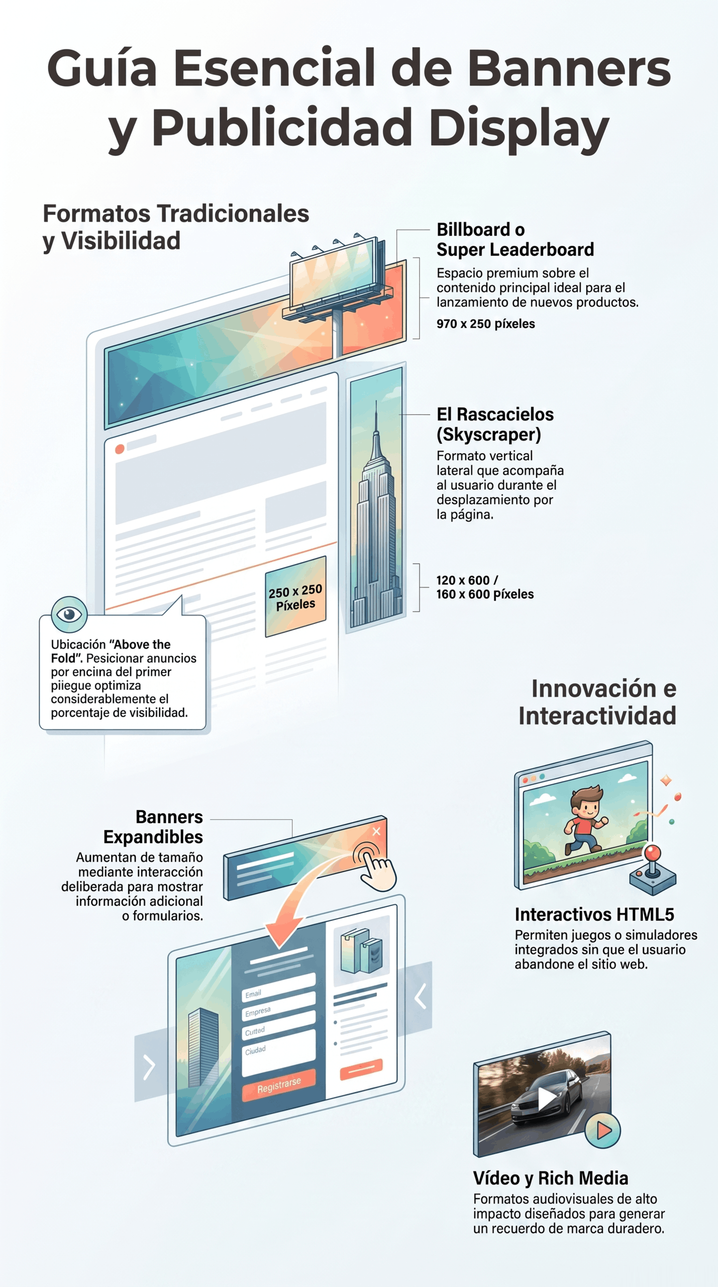 Guía de Publicidad Display con formatos de banners, skyscraper, expandibles e interactivos, enfocada en visibilidad y rich media.