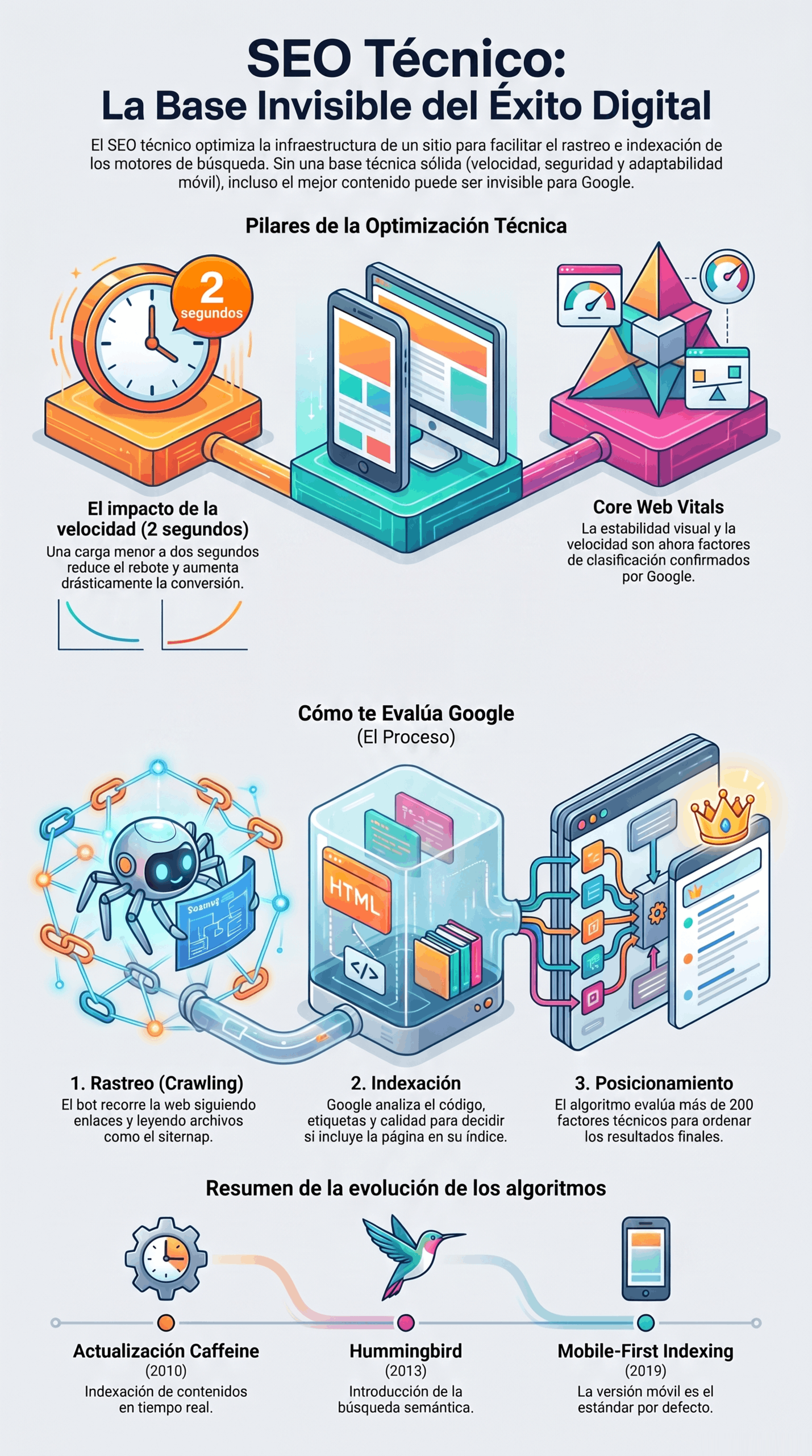 Infografía de la Guía de SEO Técnico con pilares, rastreo, indexación, Core Web Vitals y evolución de algoritmos.