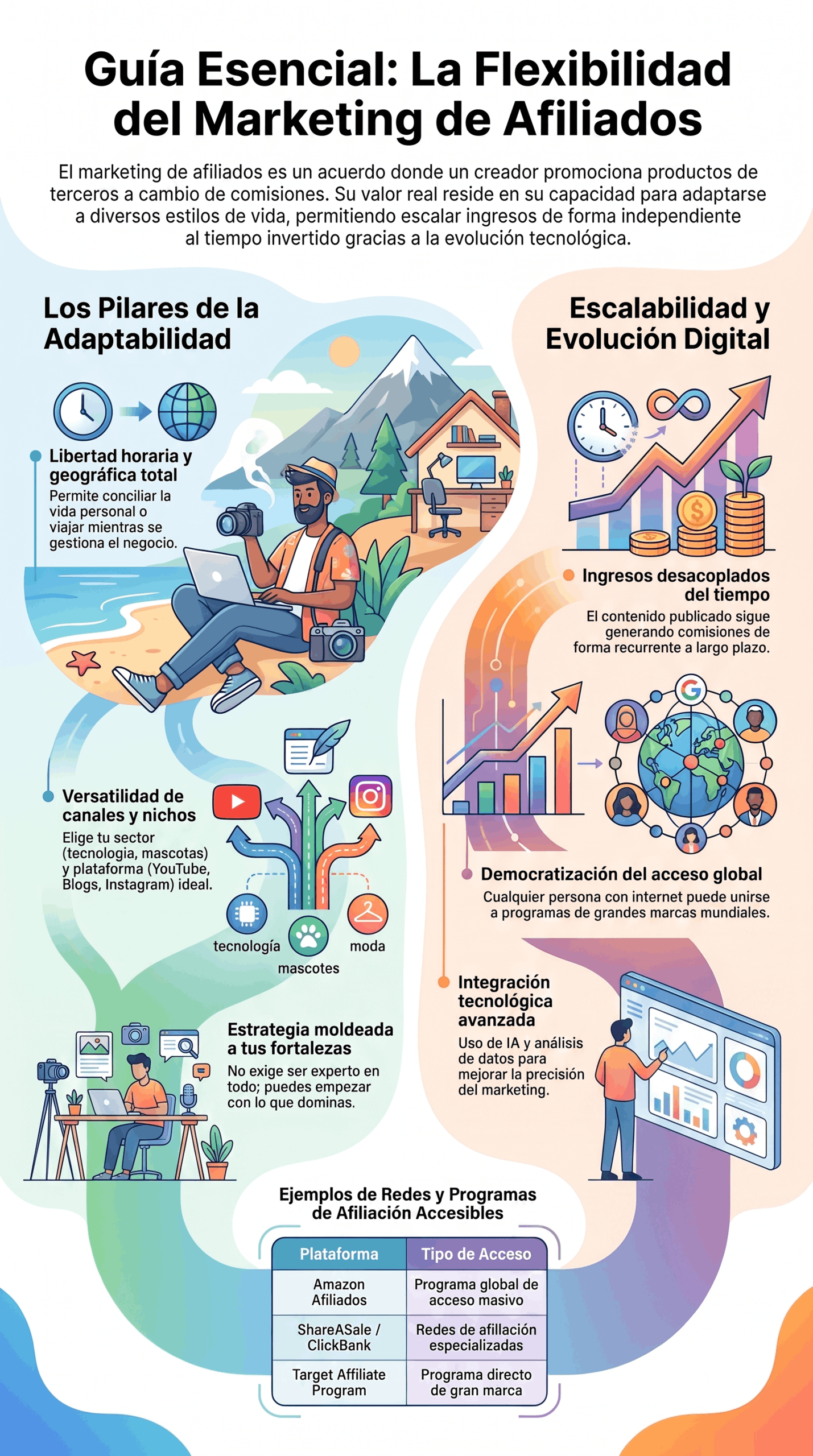Infografía sobre la Guía de marketing de afiliados: flexibilidad, escalabilidad y acceso global en estrategias digitales.