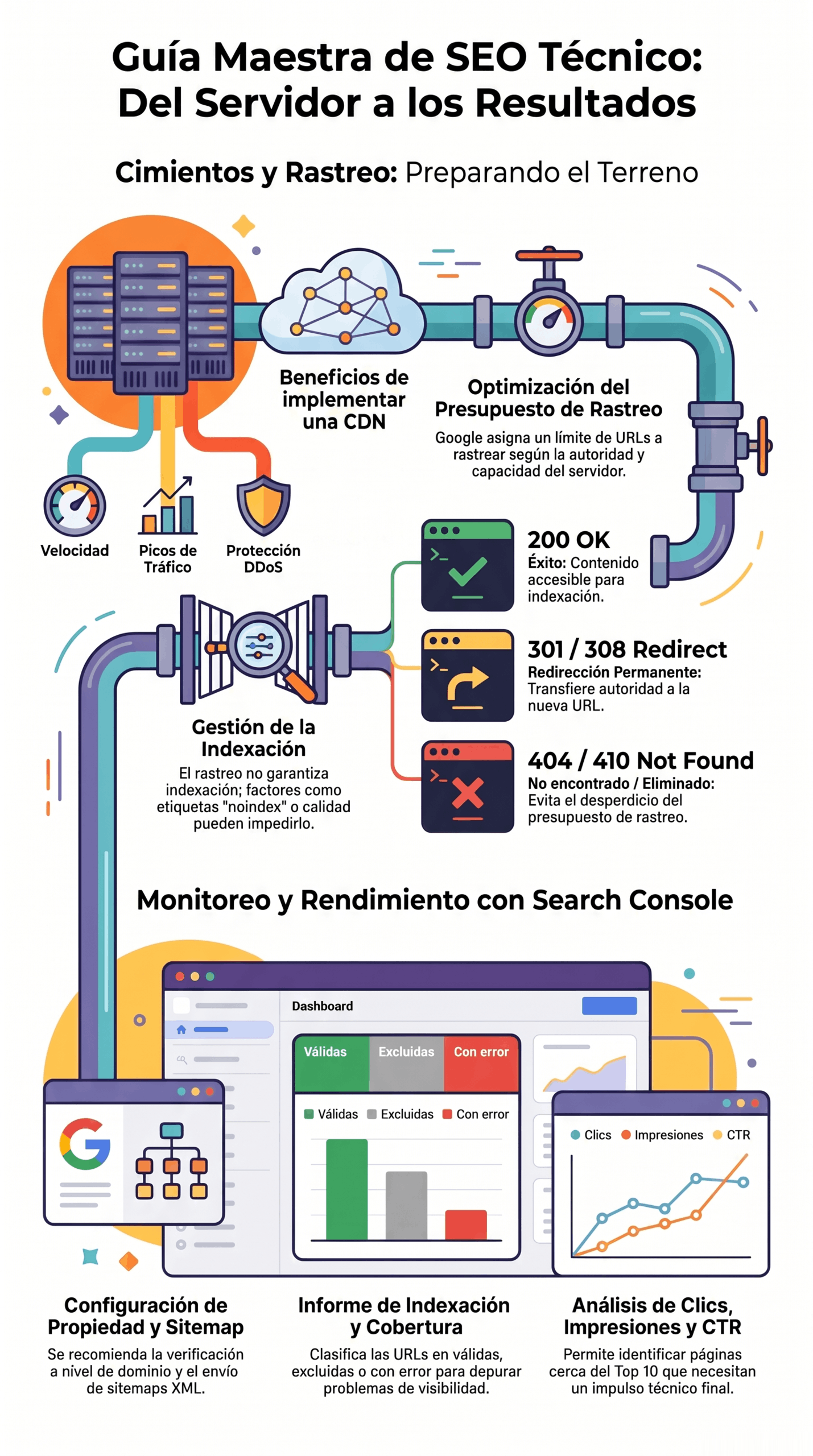 Infografía de la Guía maestra de SEO técnico sobre rastreo, indexación, Search Console y métricas de rendimiento.