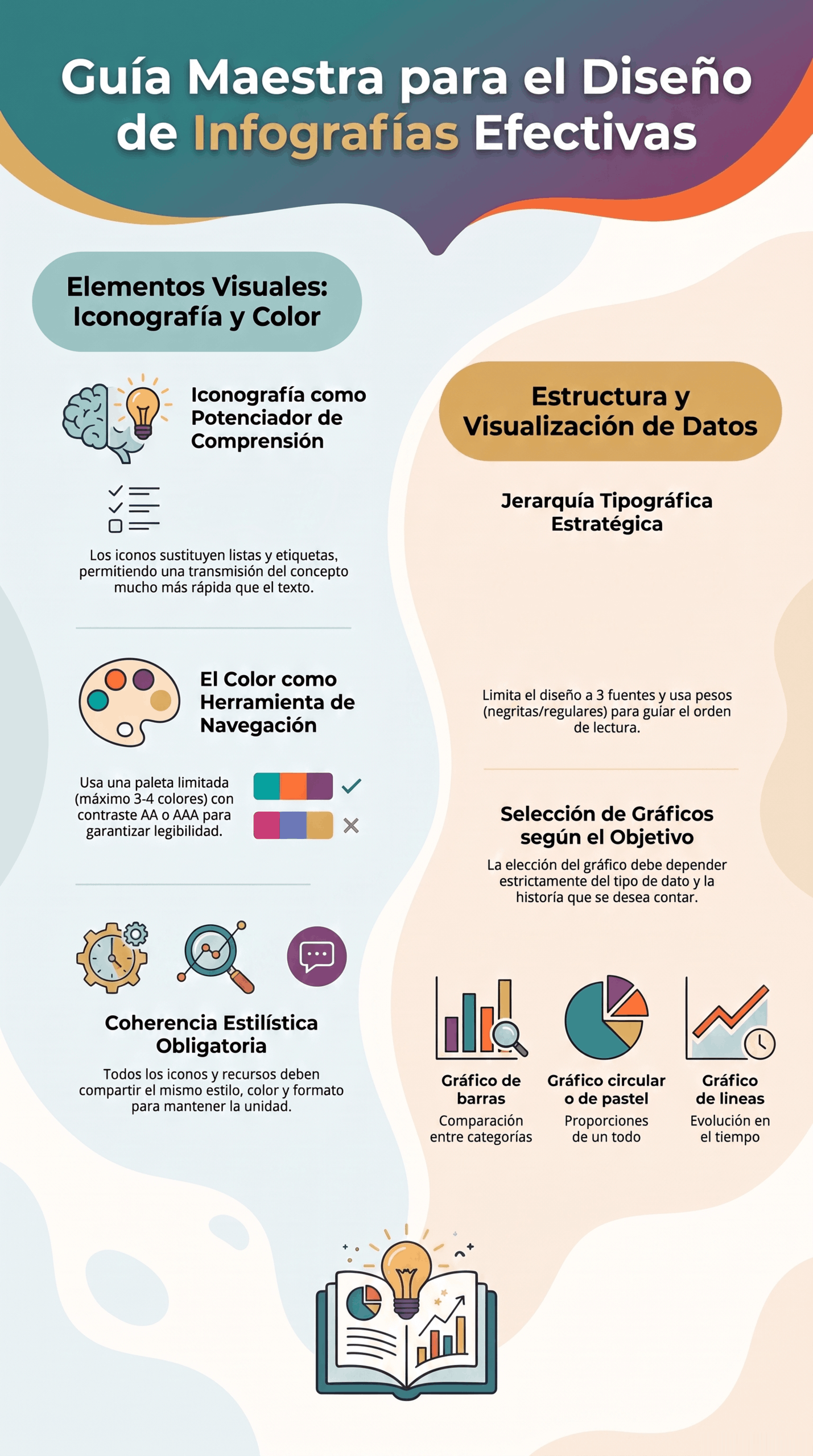 Guía para infografías efectivas con consejos sobre iconografía, color, jerarquía tipográfica y gráficos para mejorar la comprensión visual.