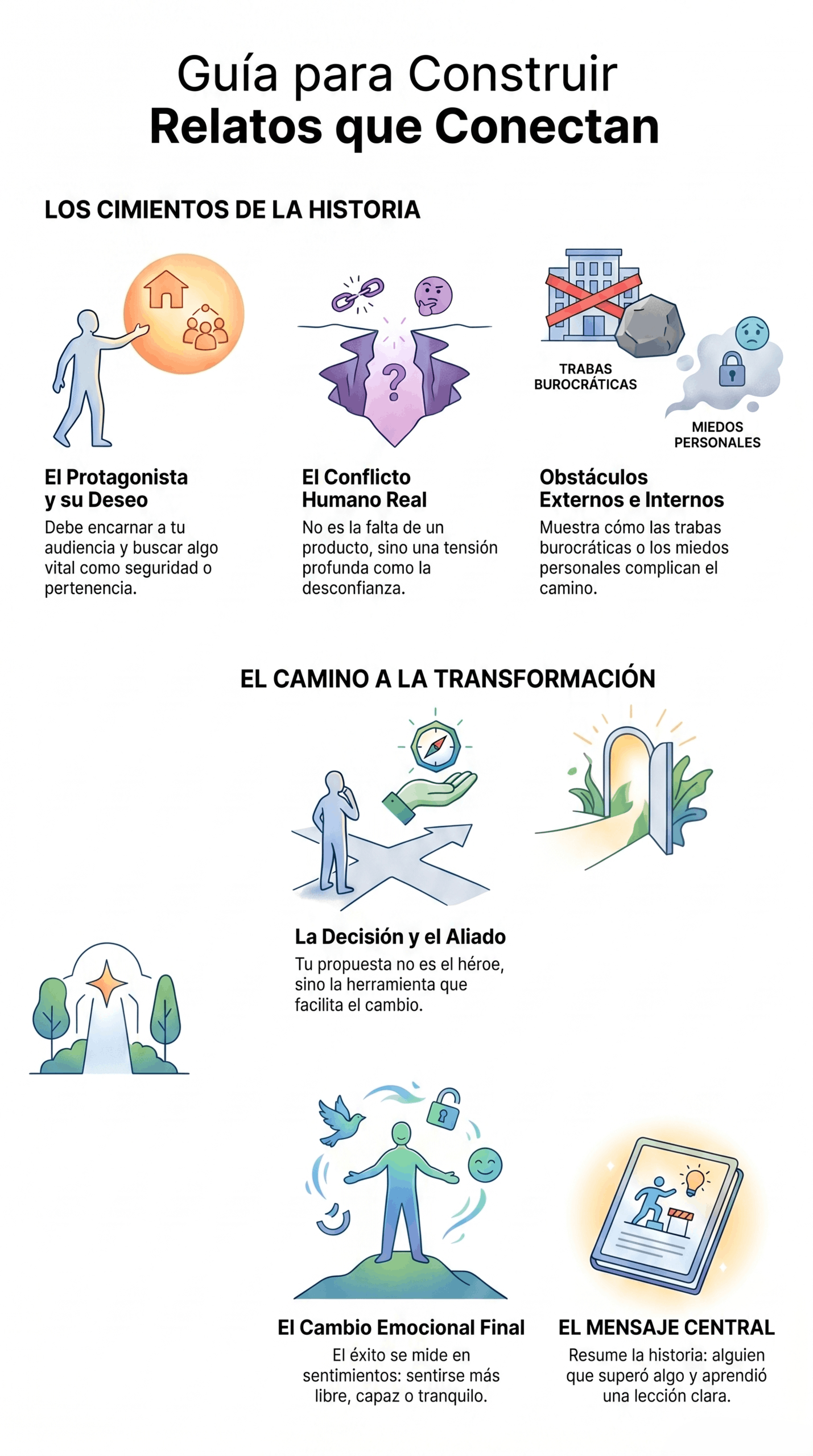 Infografía titulada "Guía para relatos que conectan" que explica los cimientos de la historia, el conflicto humano real, los obstáculos externos e internos, la decisión y el aliado, el cambio emocional final y el mensaje central de una narrativa efectiva.