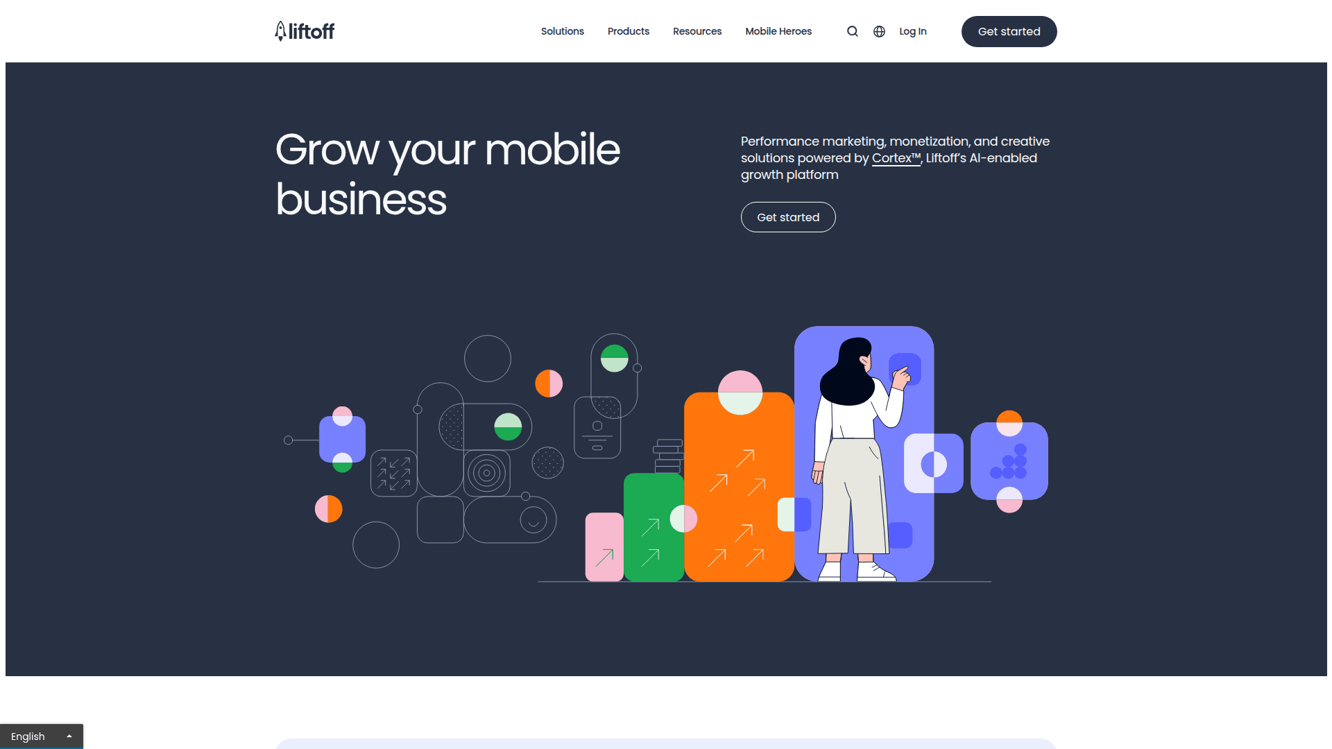 Ilustración abstracta de «Liftoff» en la que aparece una mujer tocando la pantalla de un teléfono grande, rodeada de gráficos de crecimiento e iconos de redes de marketing de aplicaciones.