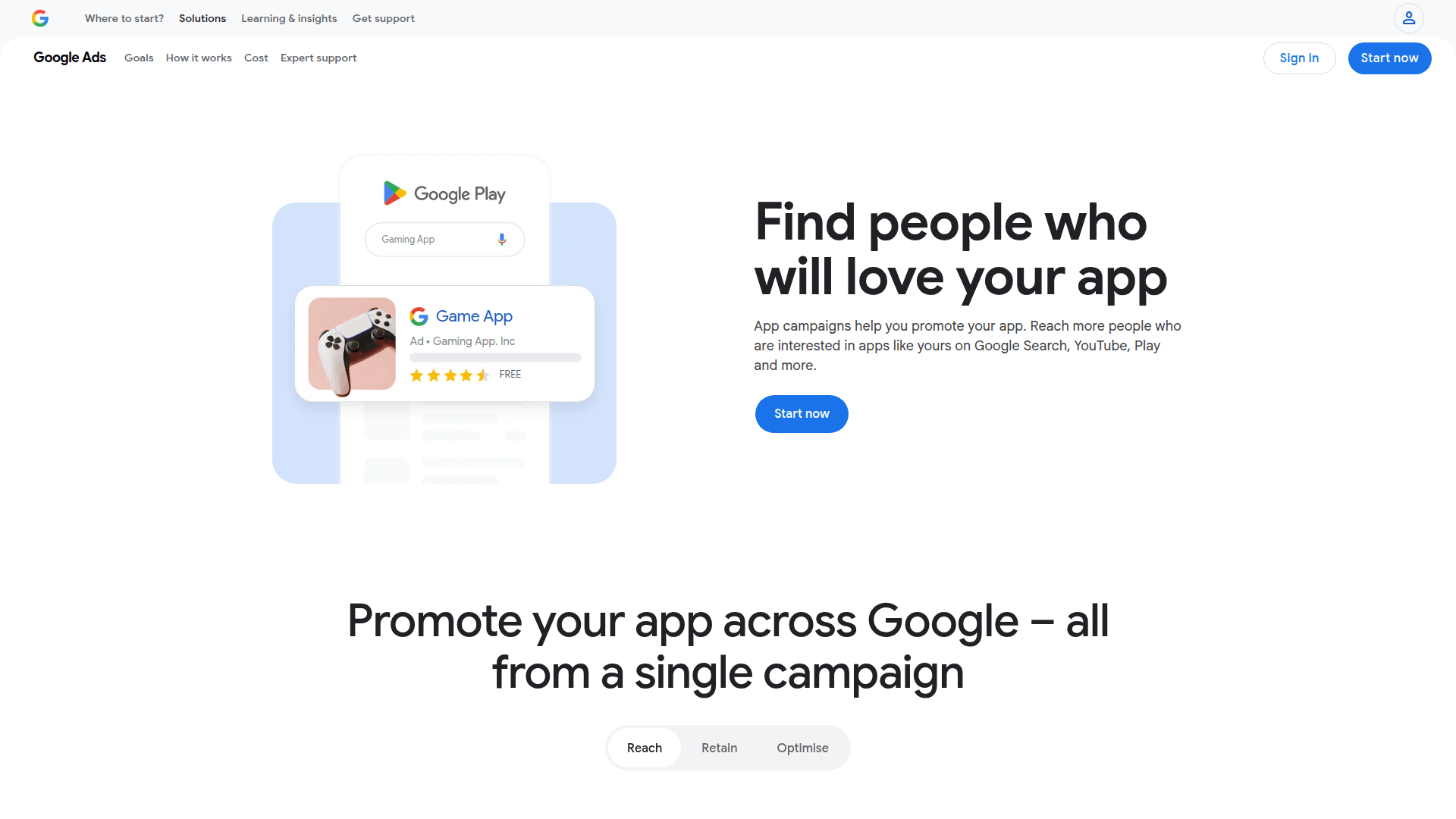 Interfaz de las campañas de aplicaciones de Google Ads en la que se muestra un anuncio de una aplicación de videojuegos en Google Play con un mando y un texto promocional.