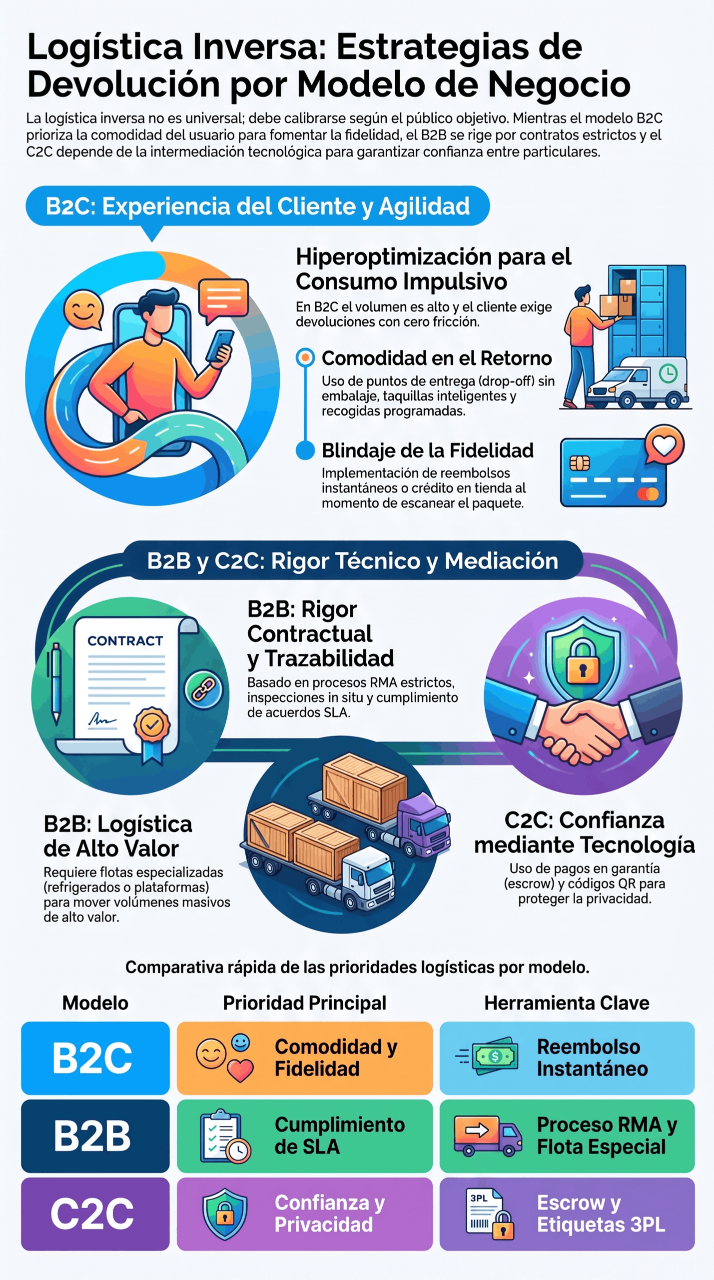 Infografía sobre logística inversa por modelo negocio, con prioridades y herramientas para B2C, B2B y C2C.