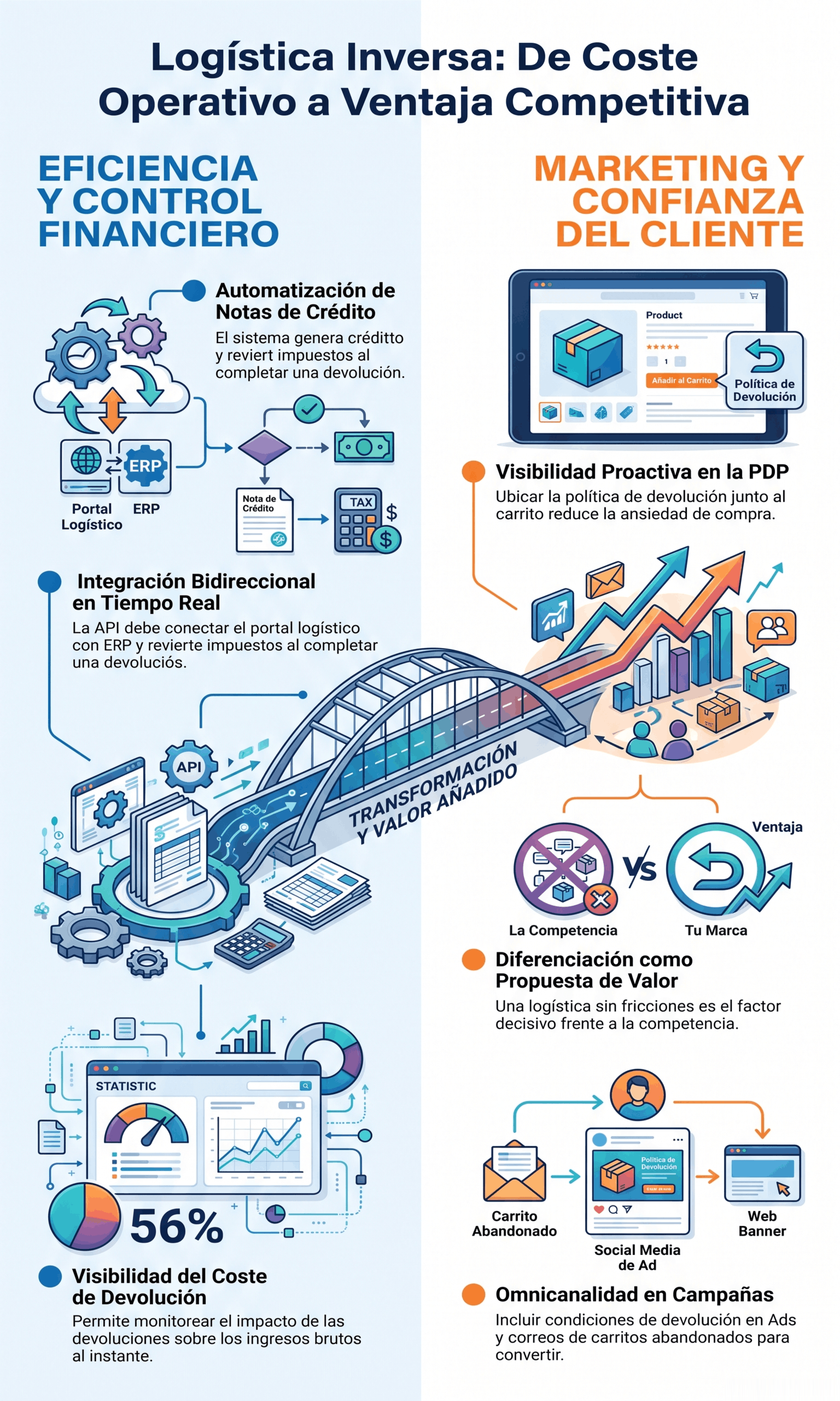 Infografía sobre logística inversa y ventaja competitiva, con automatización, visibilidad y reducción de costes de devolución.