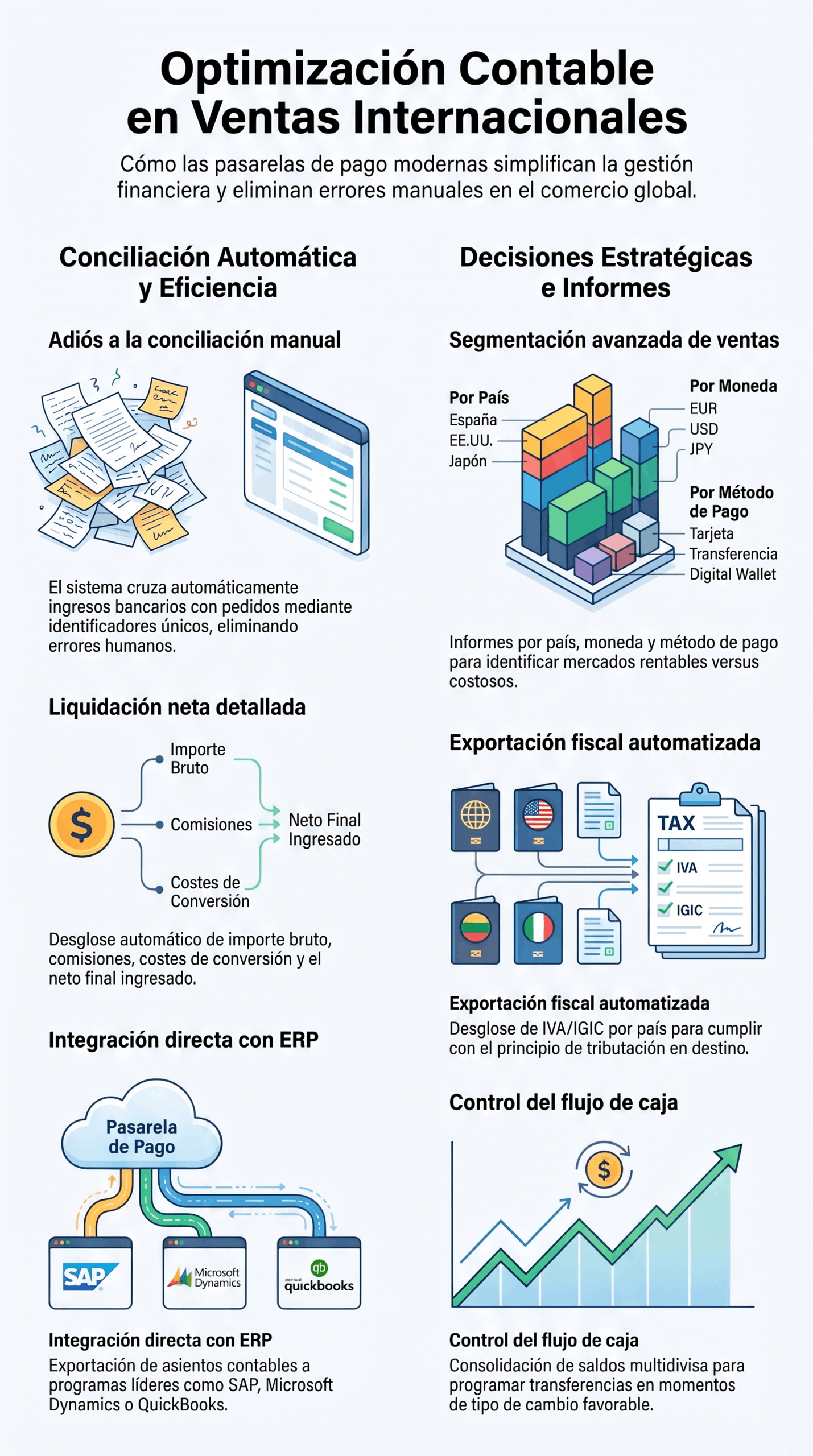 Infografía de Optimización Contable: Ventas Internacionales con conciliación automática, fiscalidad y control de caja.