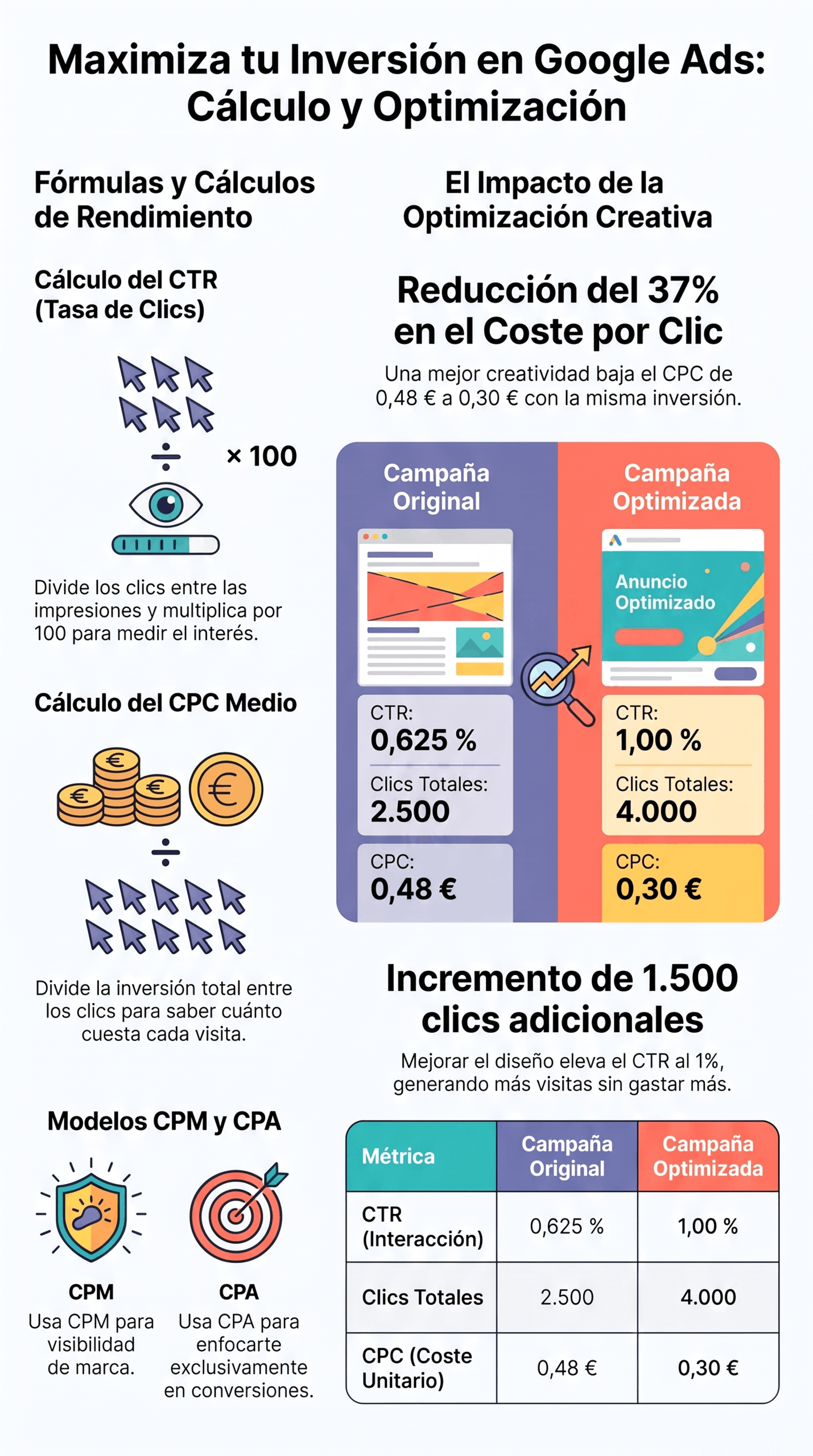 Optimización de Inversión Publicitaria con métricas de CTR, CPC, CPM y CPA, mostrando mejoras en Google Ads y más clics.