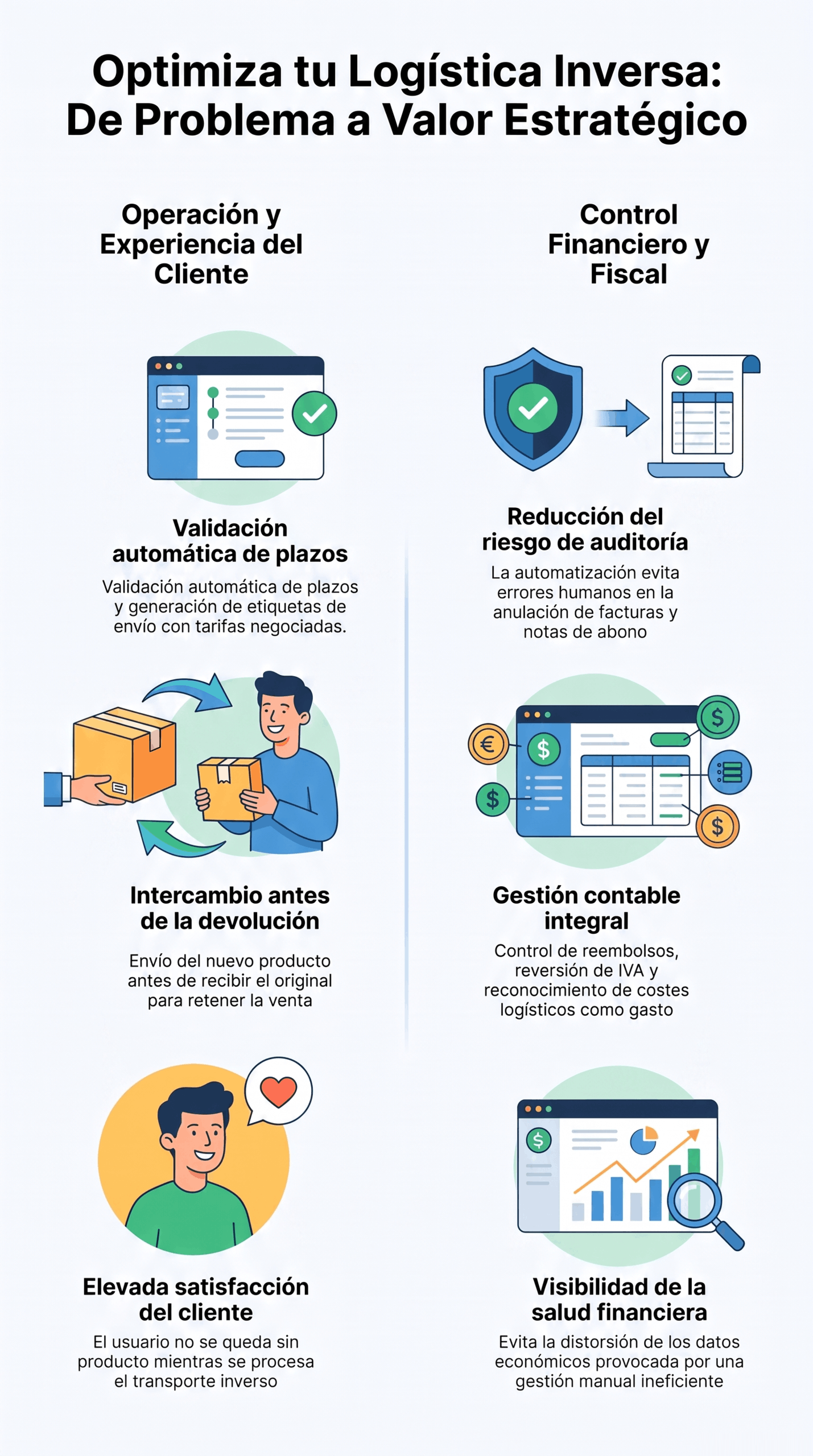 Infografía sobre optimización de la logística inversa, con automatización, control fiscal, devoluciones y mayor satisfacción del cliente.