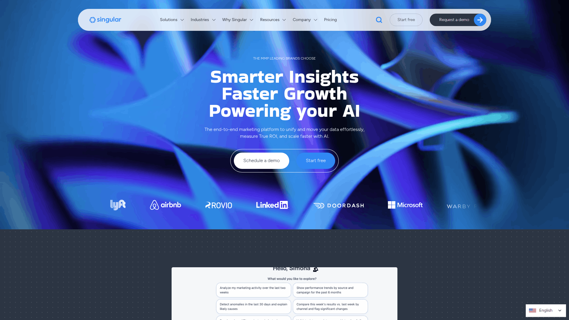Panel de control de marketing de Singular AI con un fondo abstracto azul, titulares sobre el crecimiento de la IA, botones de demostración y logotipos de clientes como Airbnb y LinkedIn.