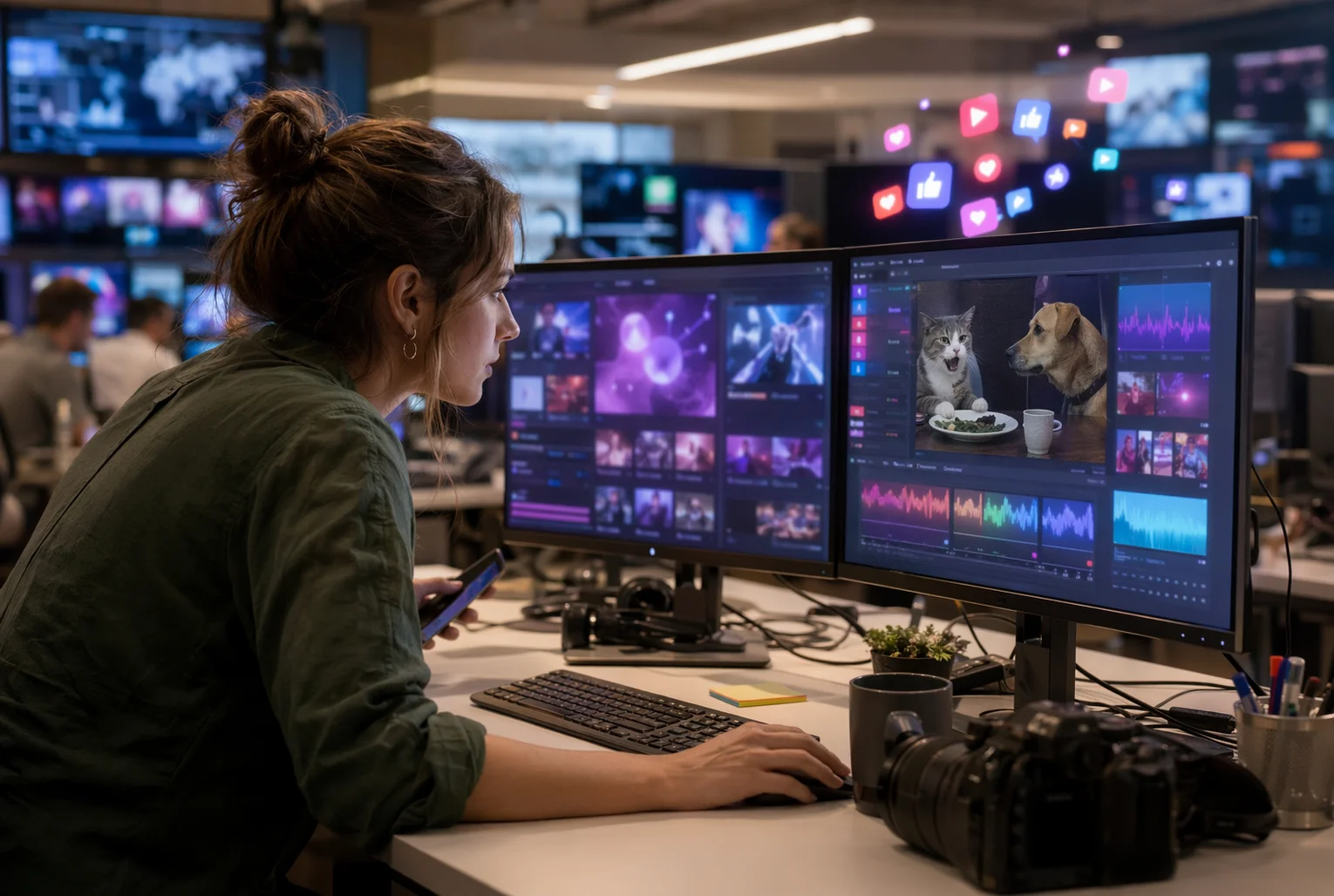 Gestor de redes sociales publicando meme tendencia en newsroom
