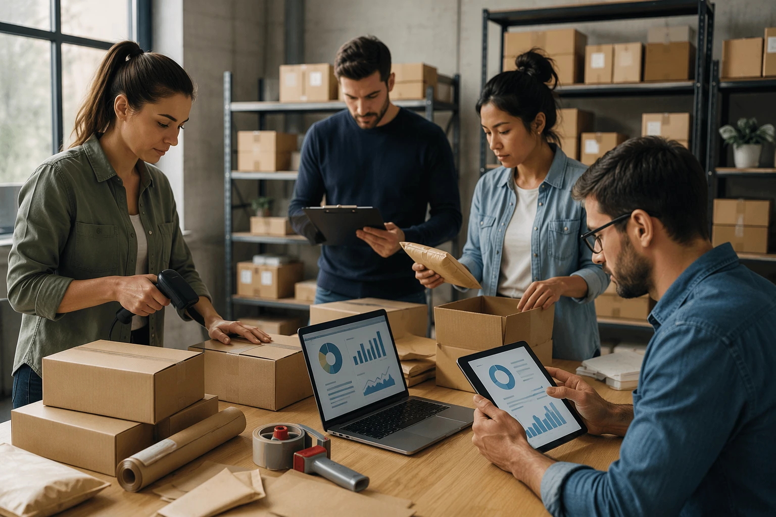 Equipo de ecommerce revisando pedidos y márgenes en almacén moderno