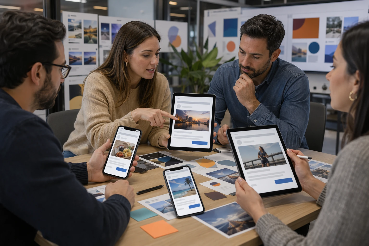 Equipo de marketing revisando anuncios nativos en dispositivos móviles