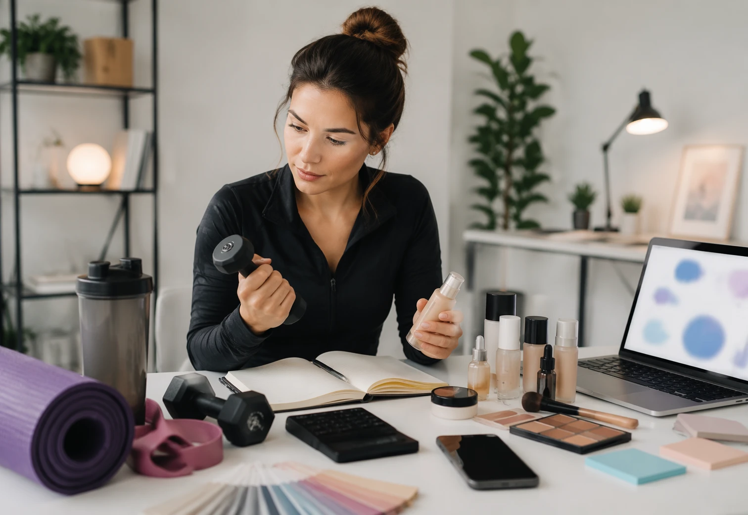 Emprendedora comparando productos de fitness y belleza con muestras y libretas en mesa