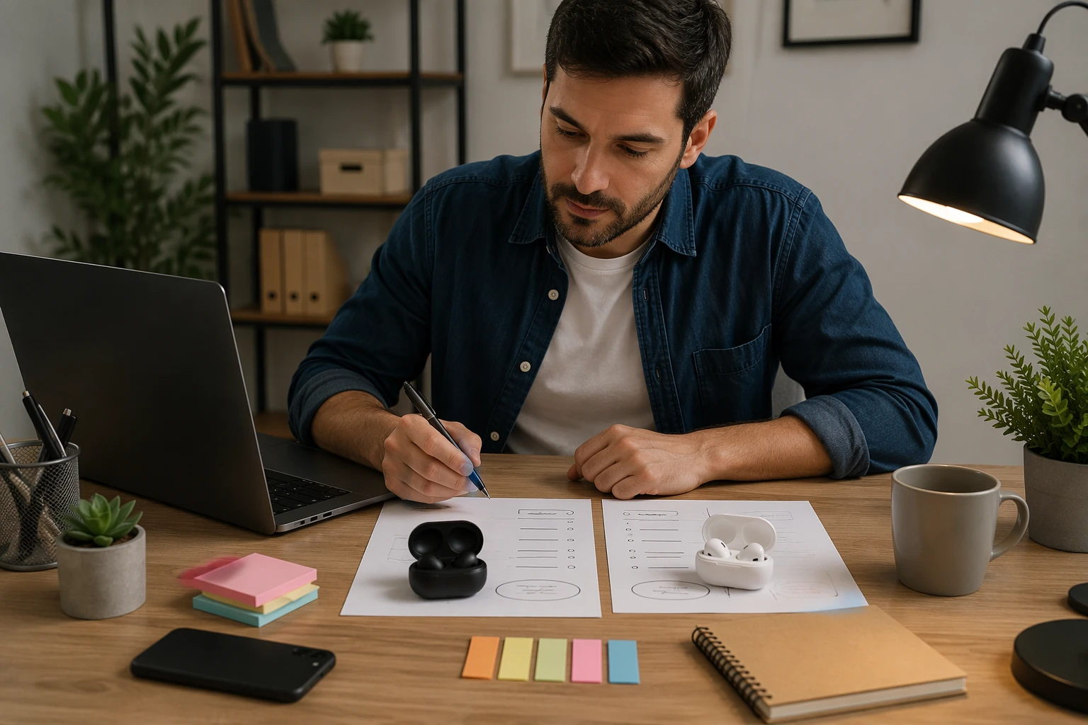 Redactor revisando productos tecnológicos en escritorio ordenado