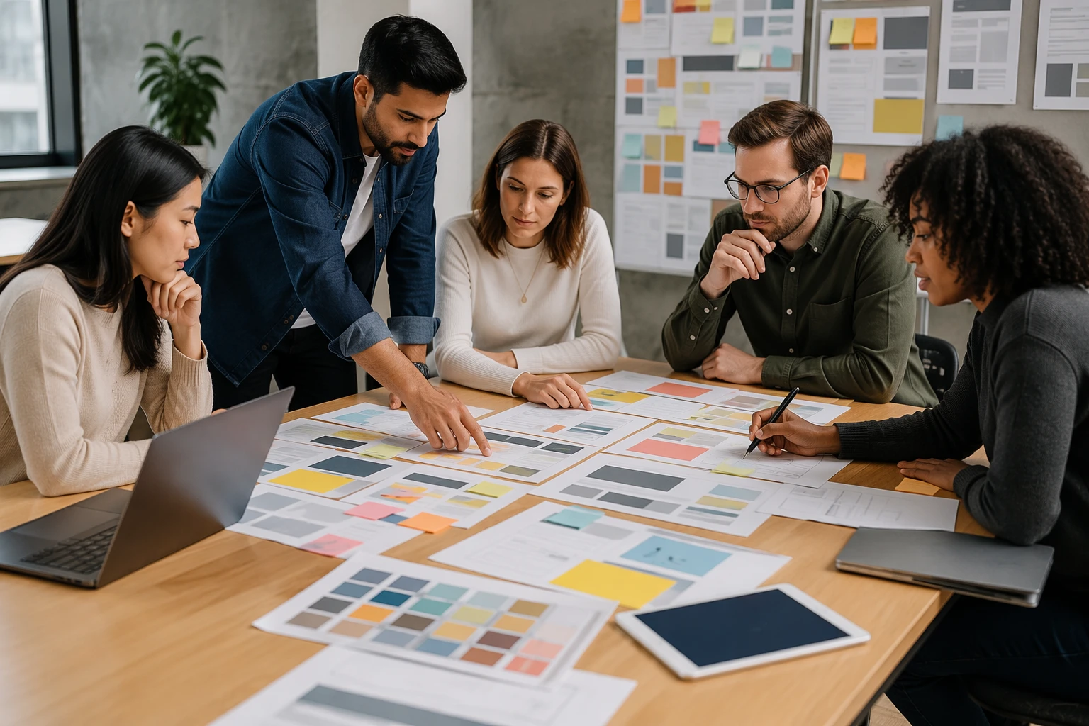 Equipo de marketing revisando mapas de contenido y notas impresas en sala