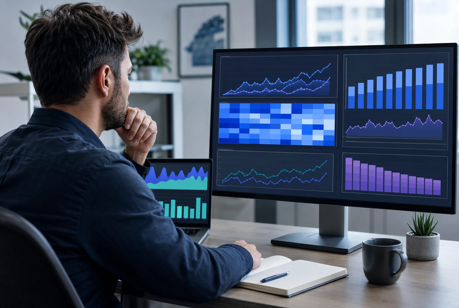 Analista SEO revisando panel de métricas en oficina moderna