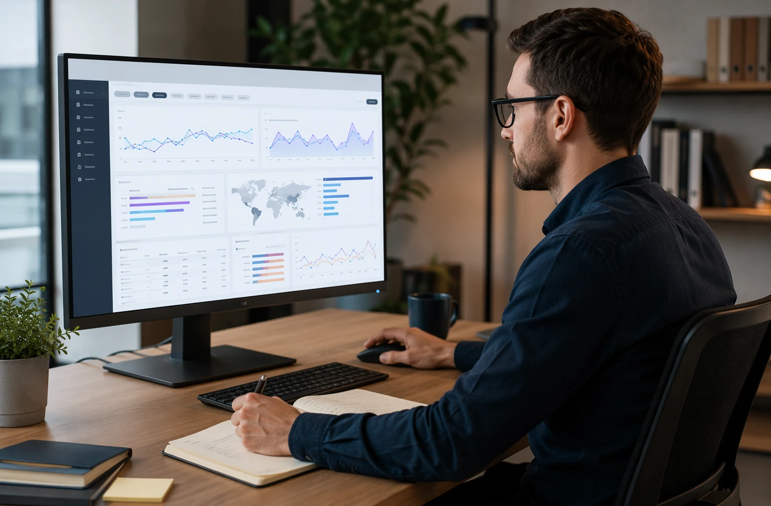 Especialista SEO revisando datos en portátil con gráficos y filtros por dispositivo y país