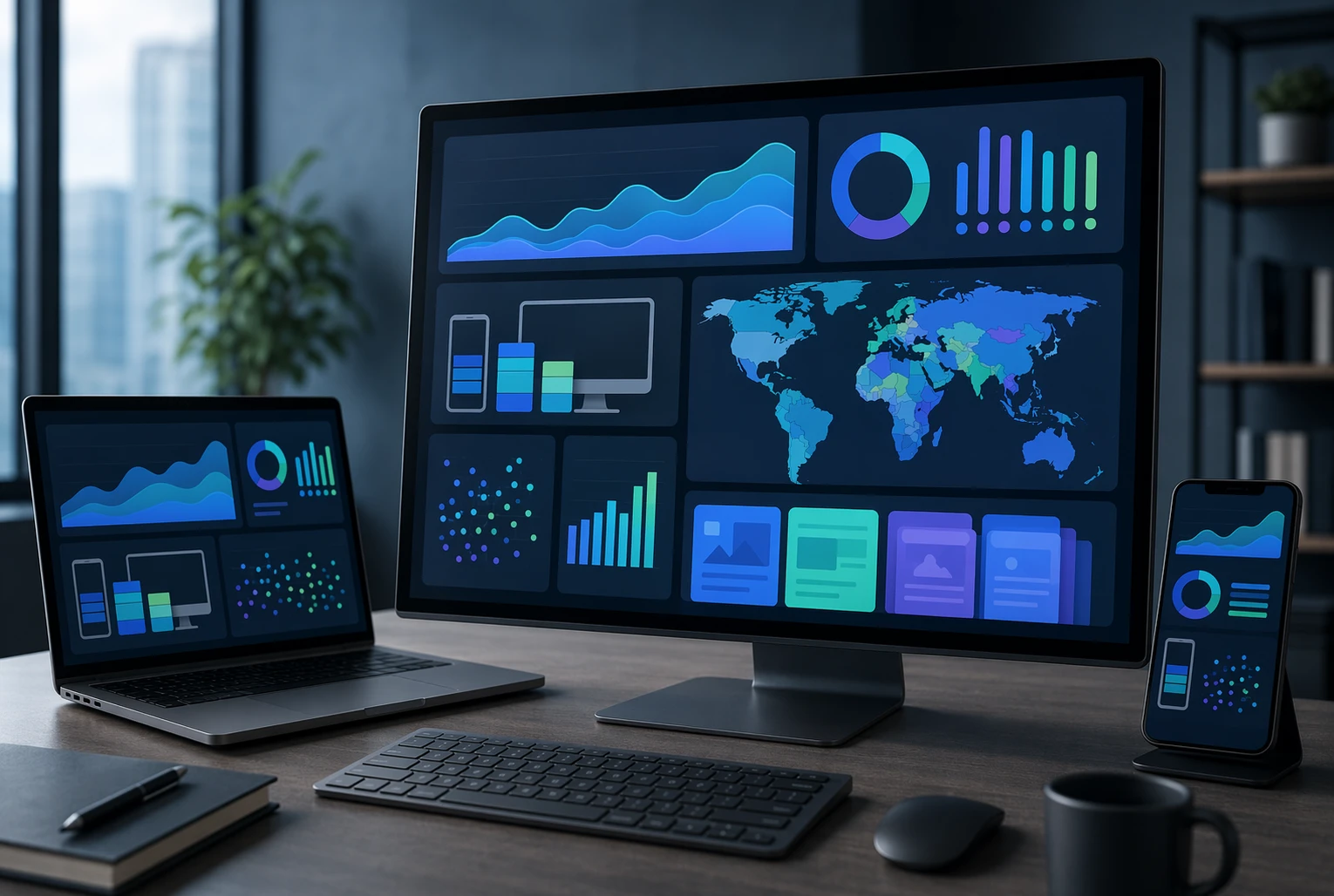 Analista revisando dashboards de rendimiento por dispositivo y país
