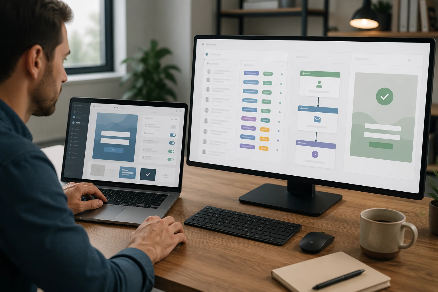 Persona configurando formulario en WordPress con monitor y dashboard de Mailchimp