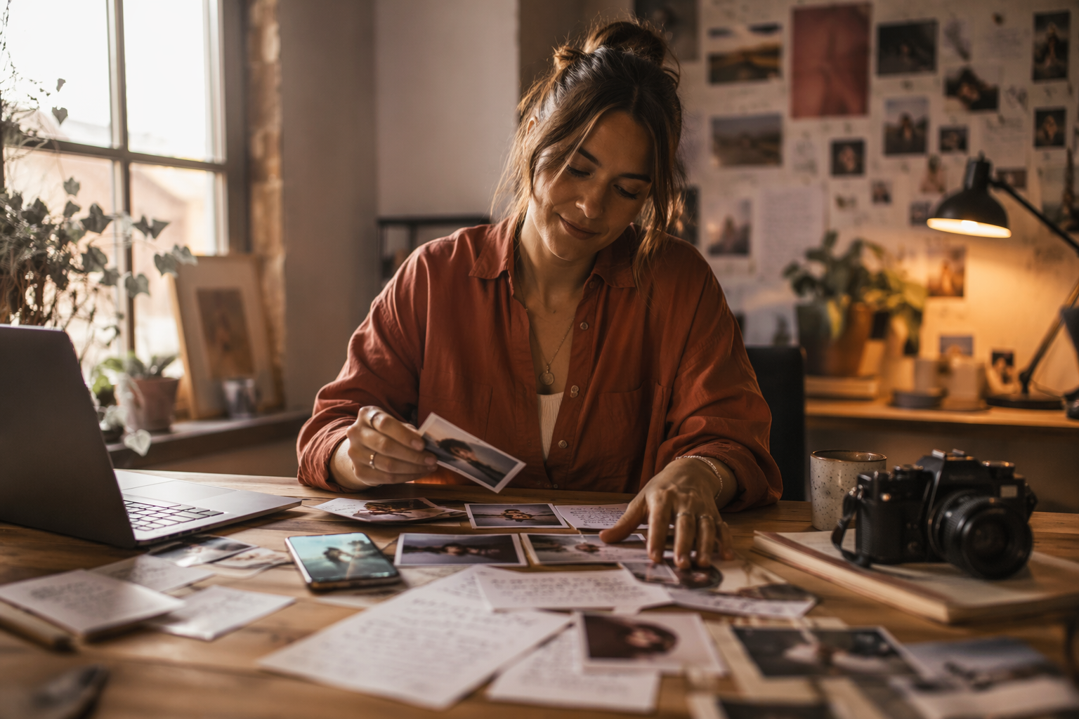 Mujer ordenando fotografías y notas en escritorio, creando Storytelling emocional para su blog y marca personal.